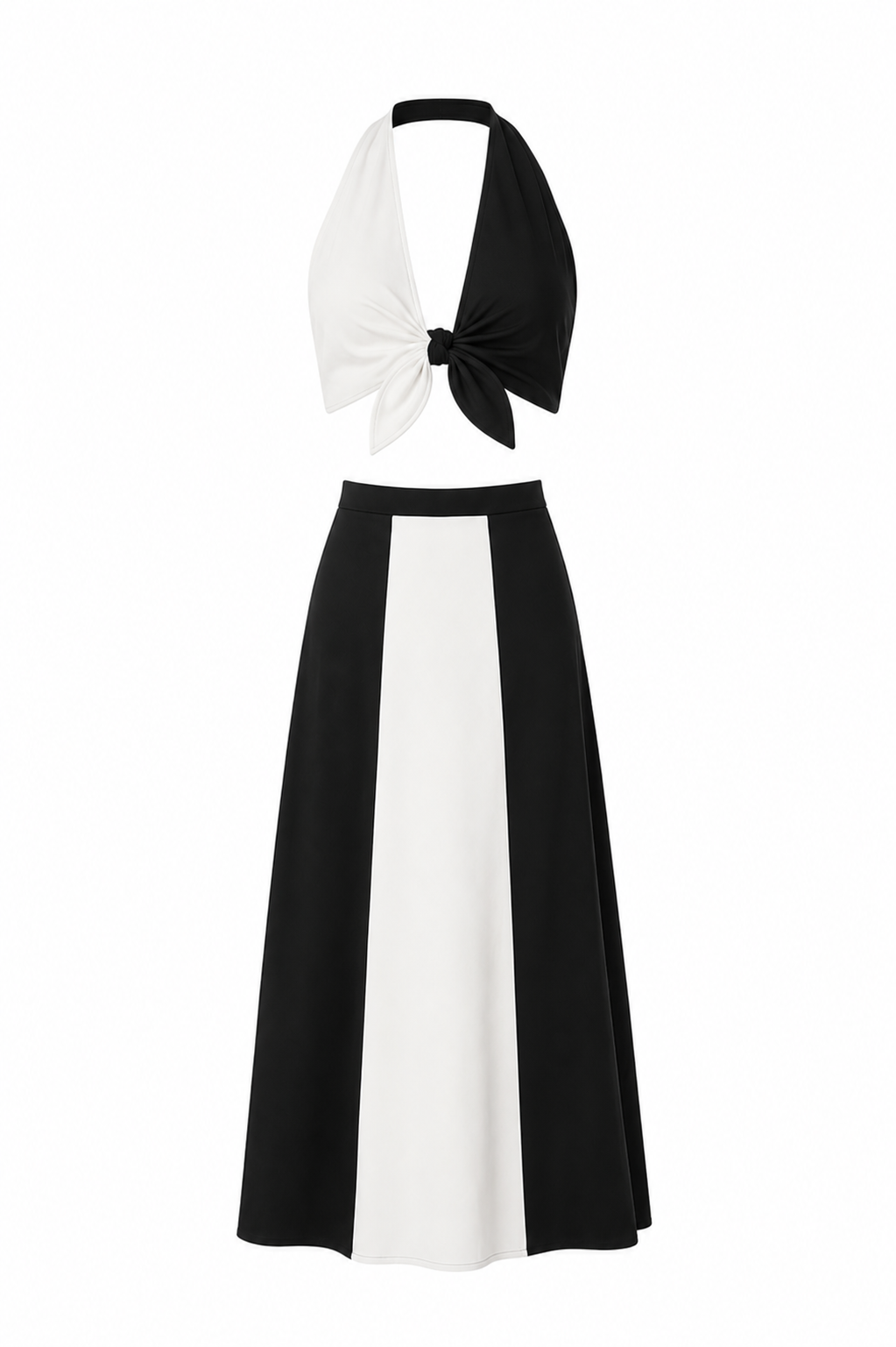 Model wearing the Bicolor Top & Skirt Set still, color off white and black, made from 98 cotton 2% elastane, styled for a resort look