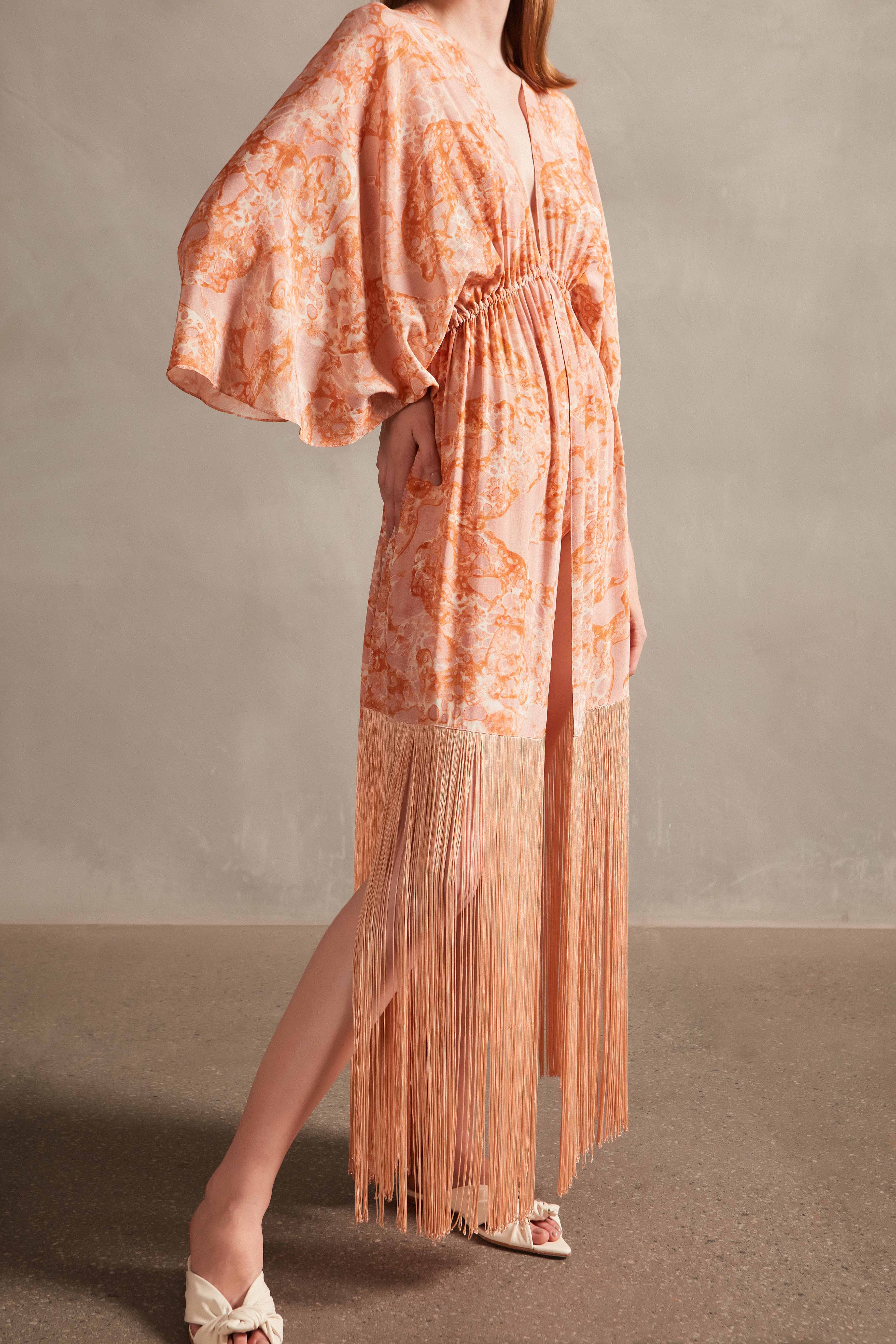 Bulles De Mer Long Robe With Fringes Detail