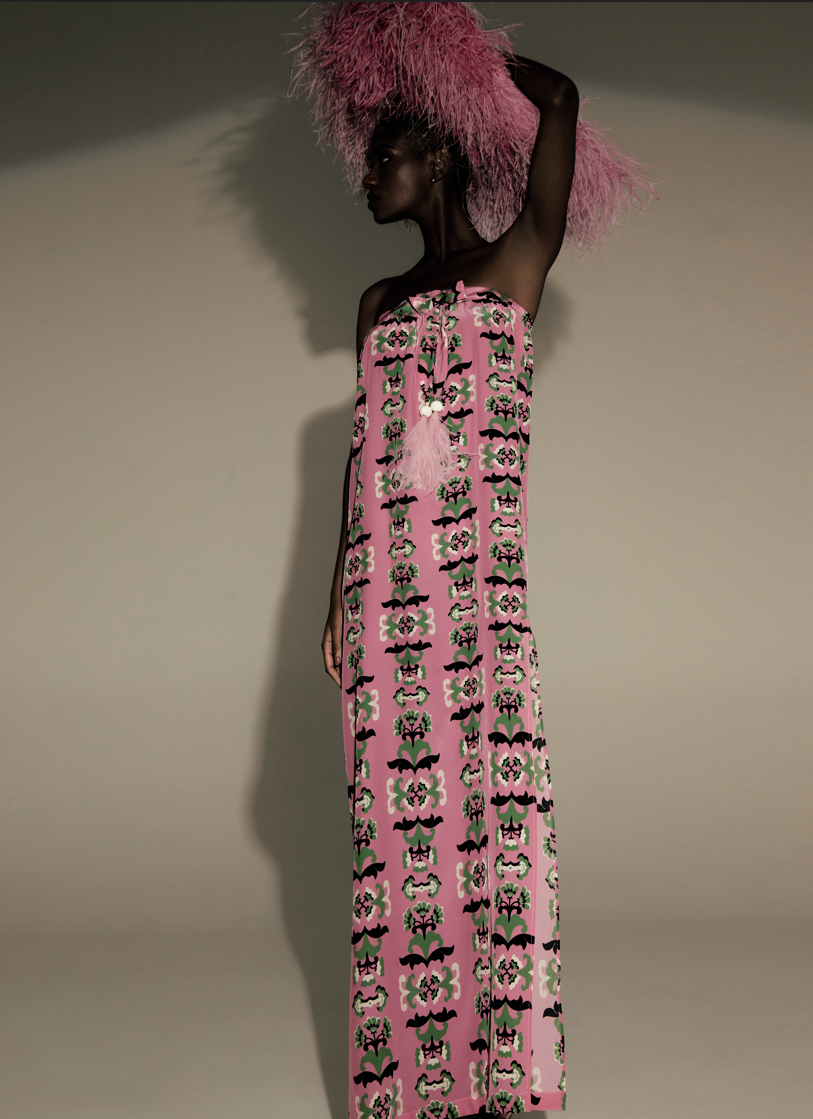 Twisted Flower Strapless Long Dress With Feathers