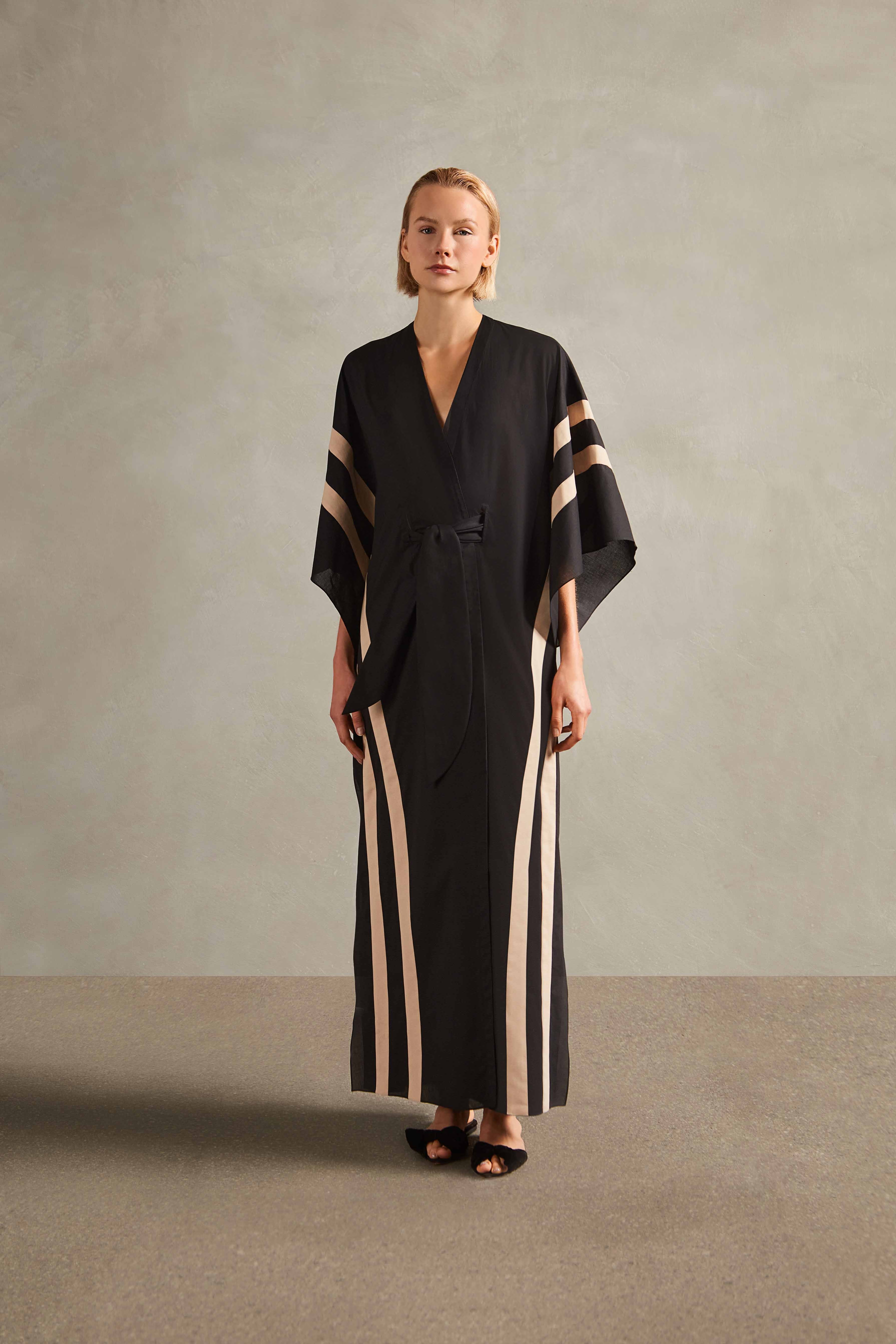 Cotton Chambray Long Kaftan With Sash Front