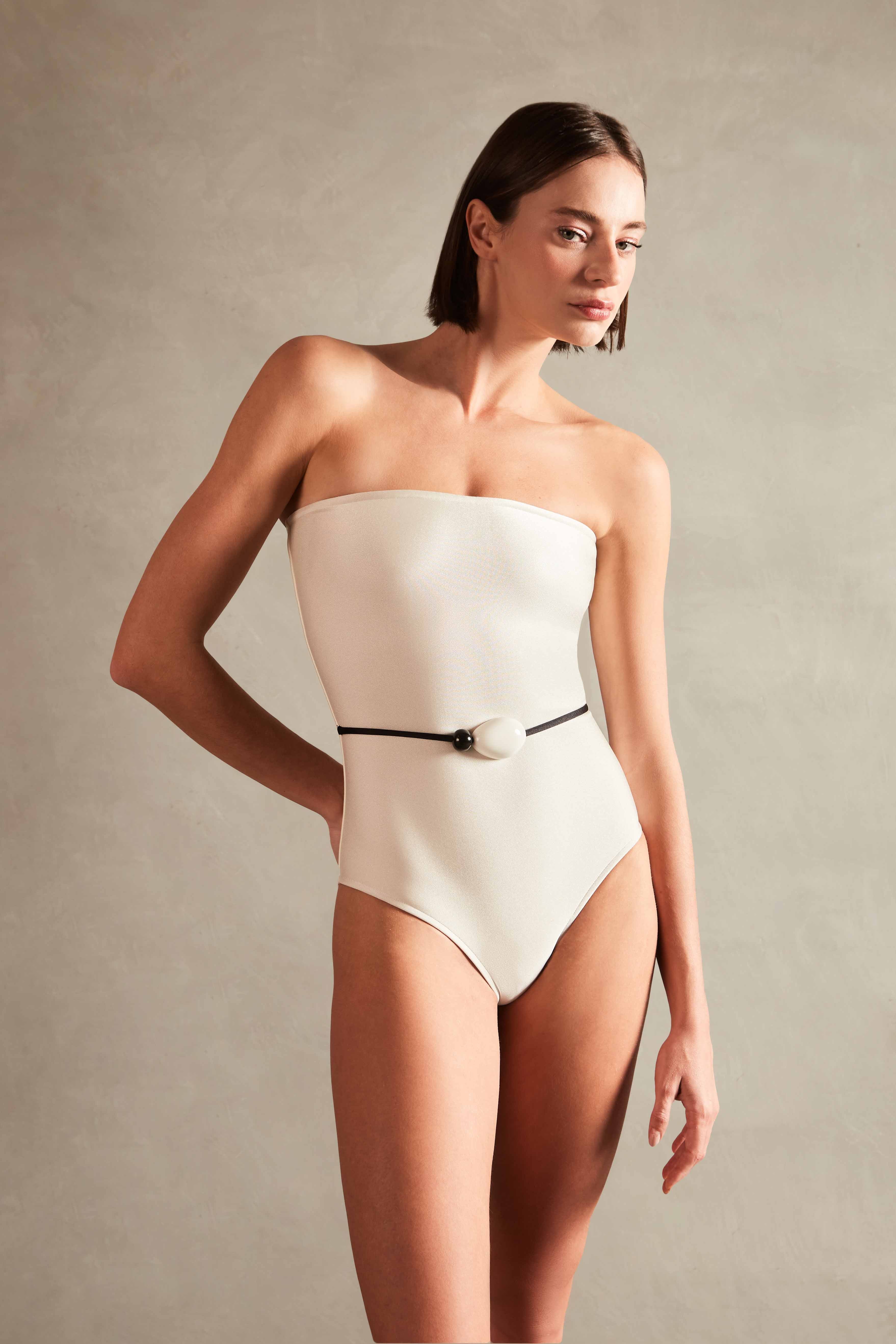 Deco Solid Off White Strapless Swimsuit Front