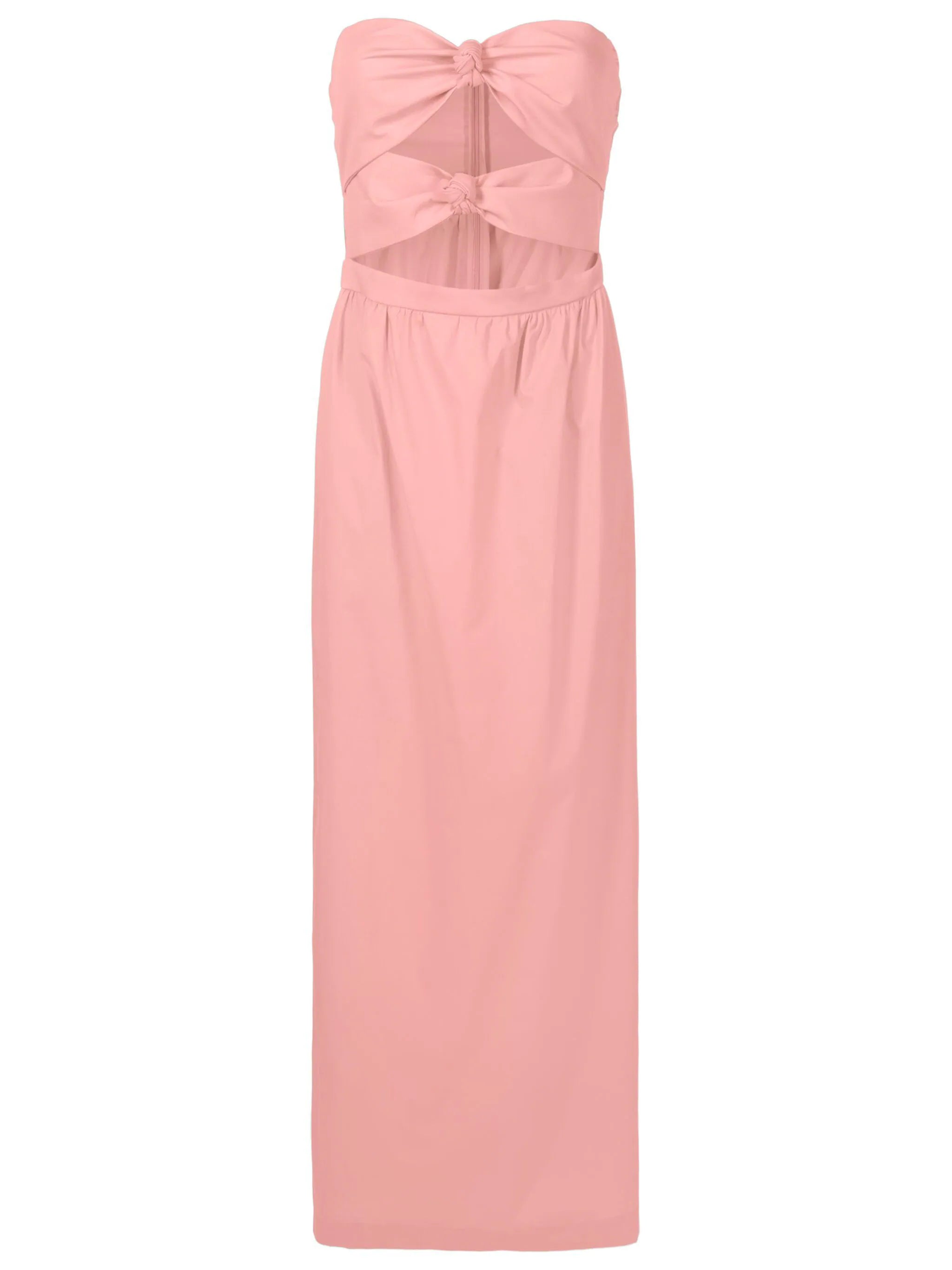 Still photo of the Exotic Coral Solid Cut-Out Long Dress Front showcasing its Pink print on 98% Polyester 2% Elastane fabric.