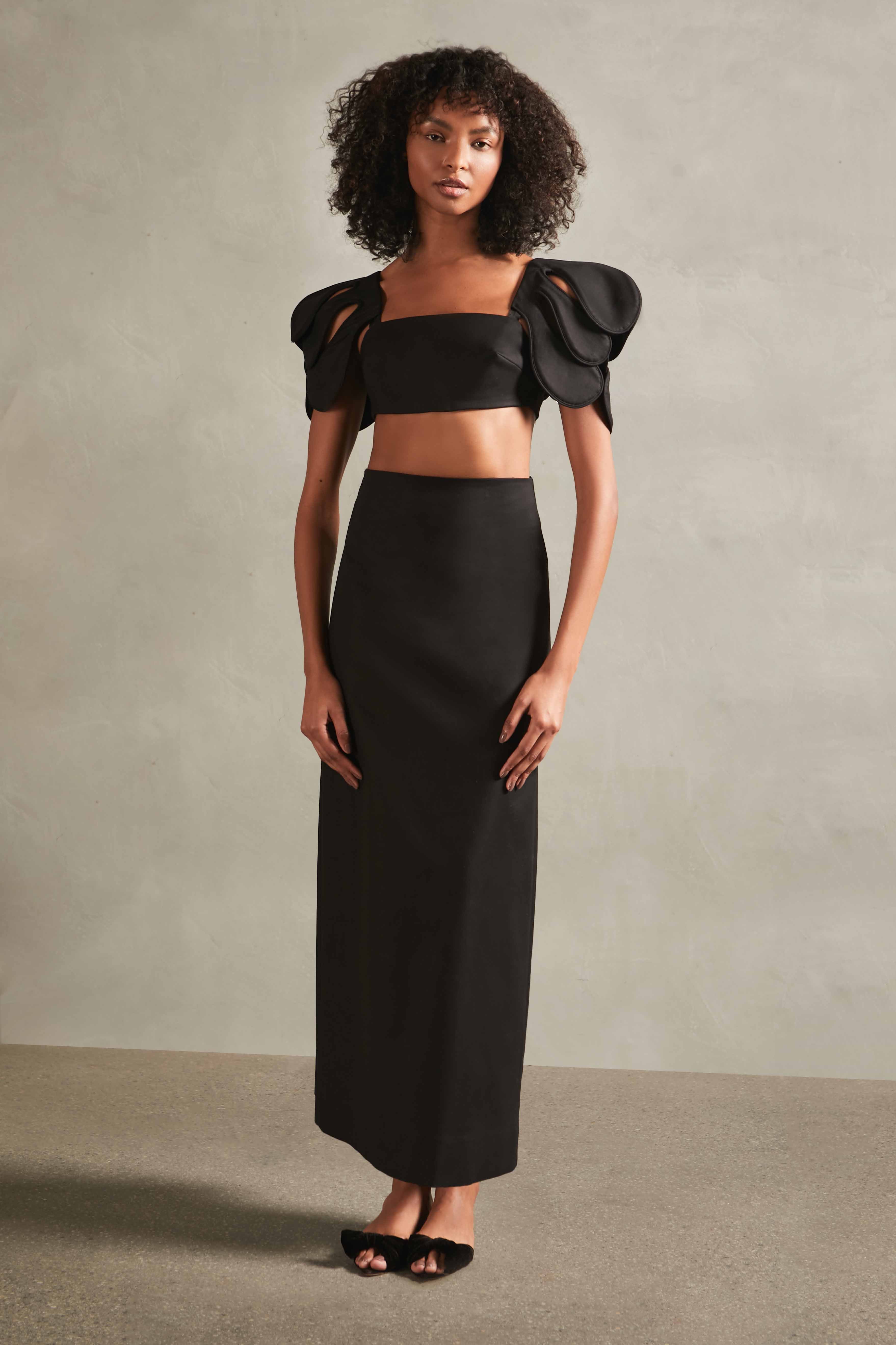 Floral Solid Black High-Waisted Long Skirt Front