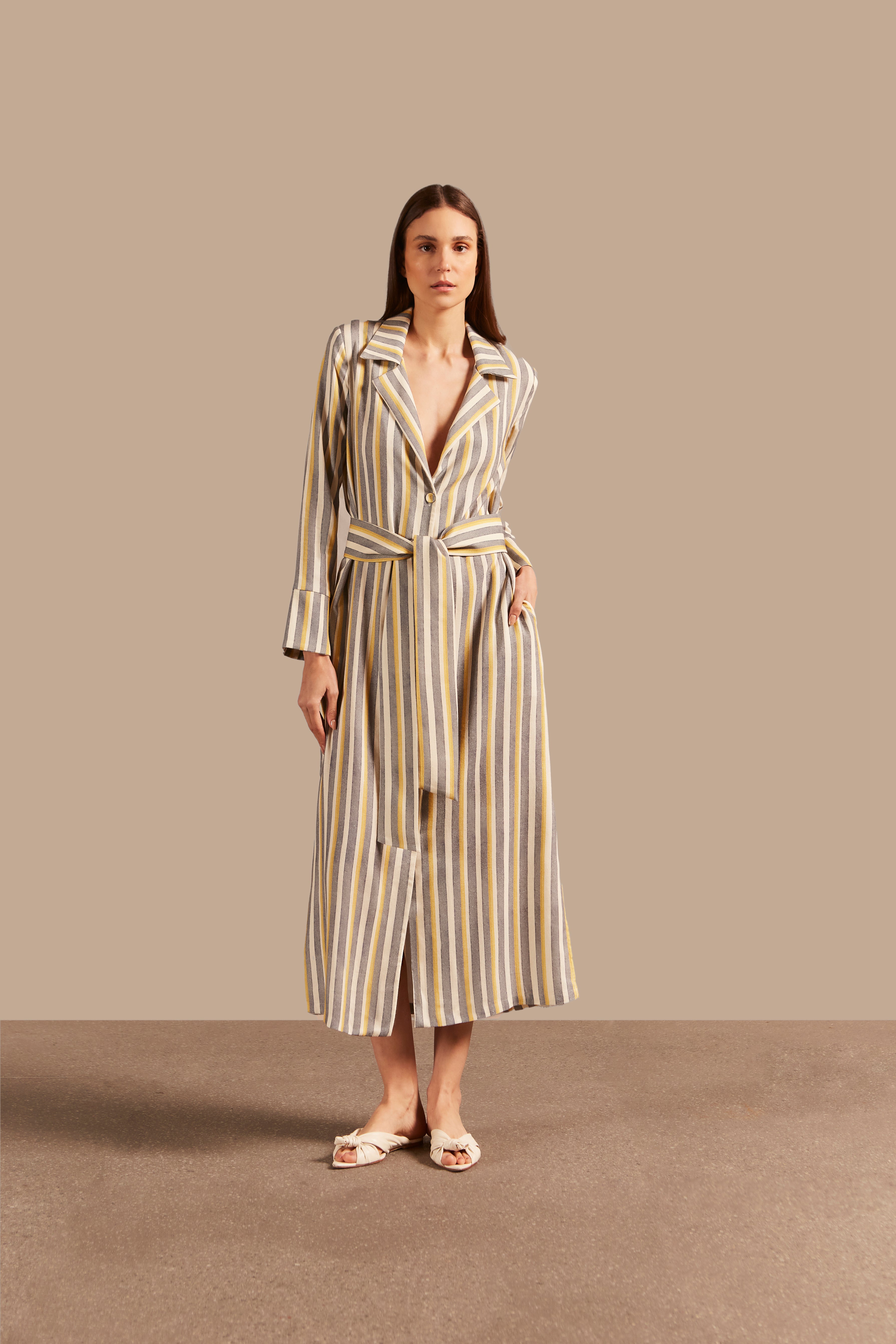 Full front view of the Golden Age Long Robe Front featuring a striped design in unique color with 70% MODAL 30% LINEN fabric, styled for a resort look.
