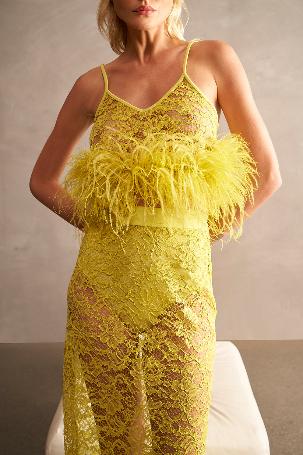 Guipure Lace Citrus Top & Skirt Feathered Set Detail