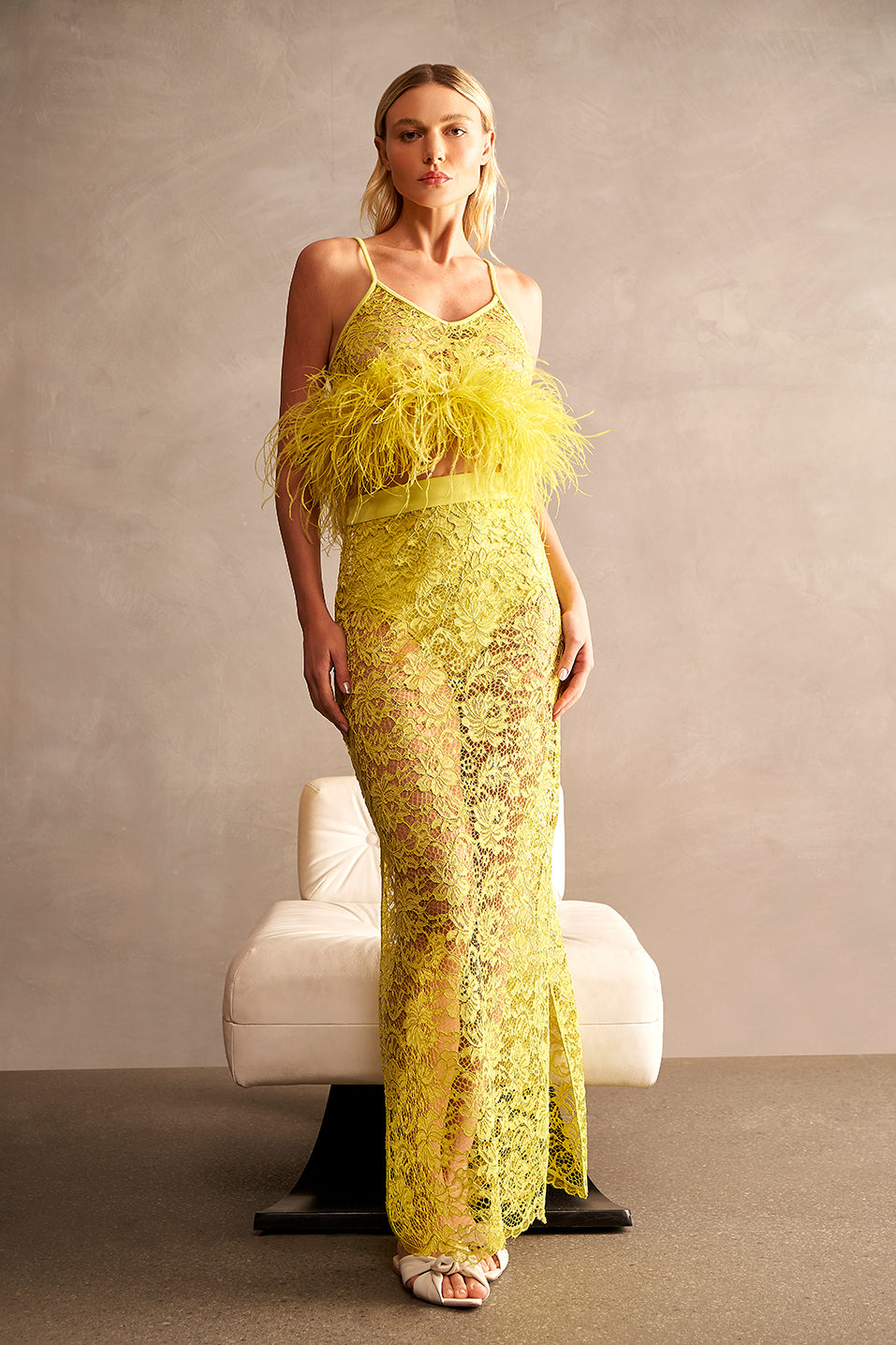 Guipure Lace Citrus Top & Skirt Feathered Set Front