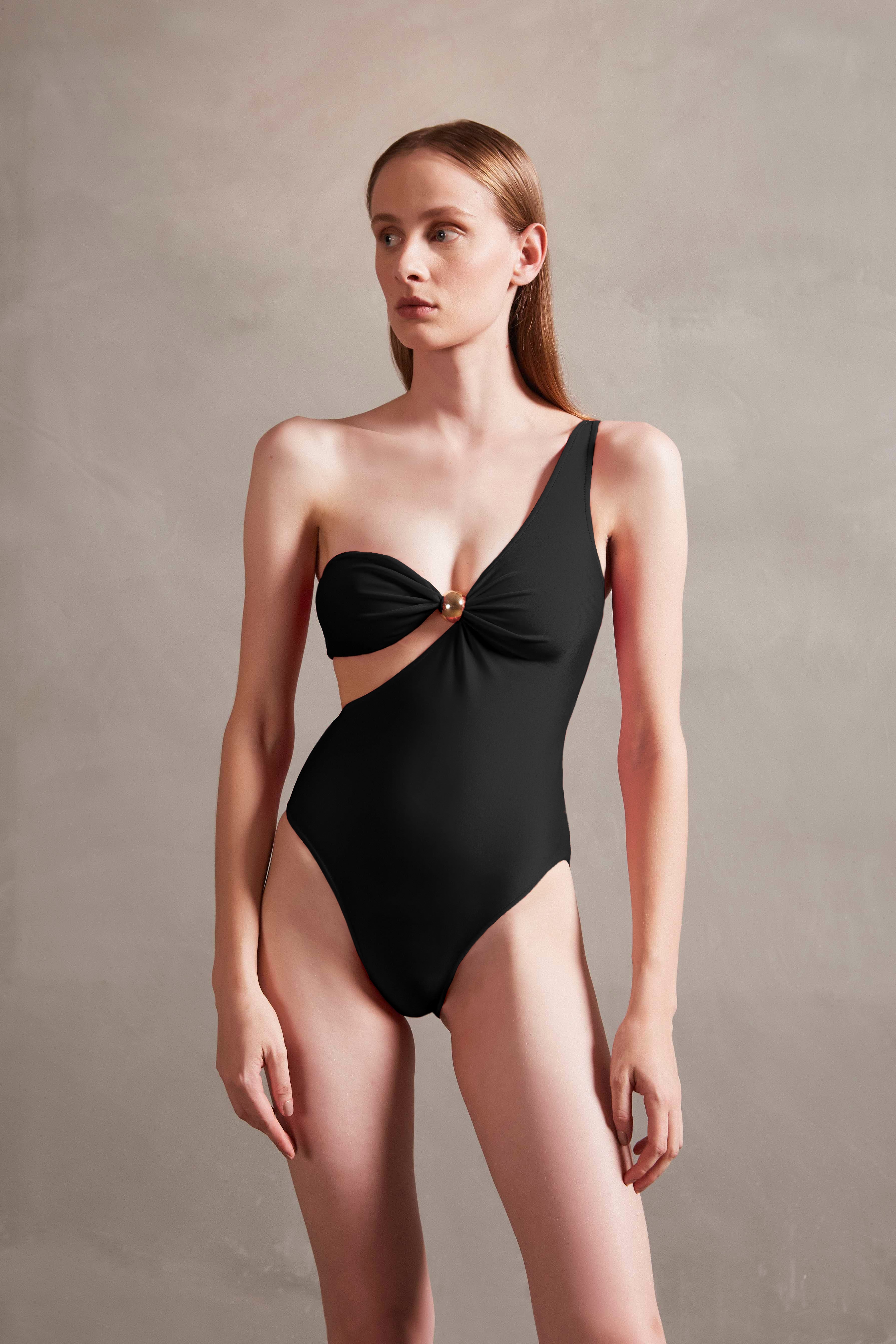Holiday Black One-Shoulder Swimsuit Front