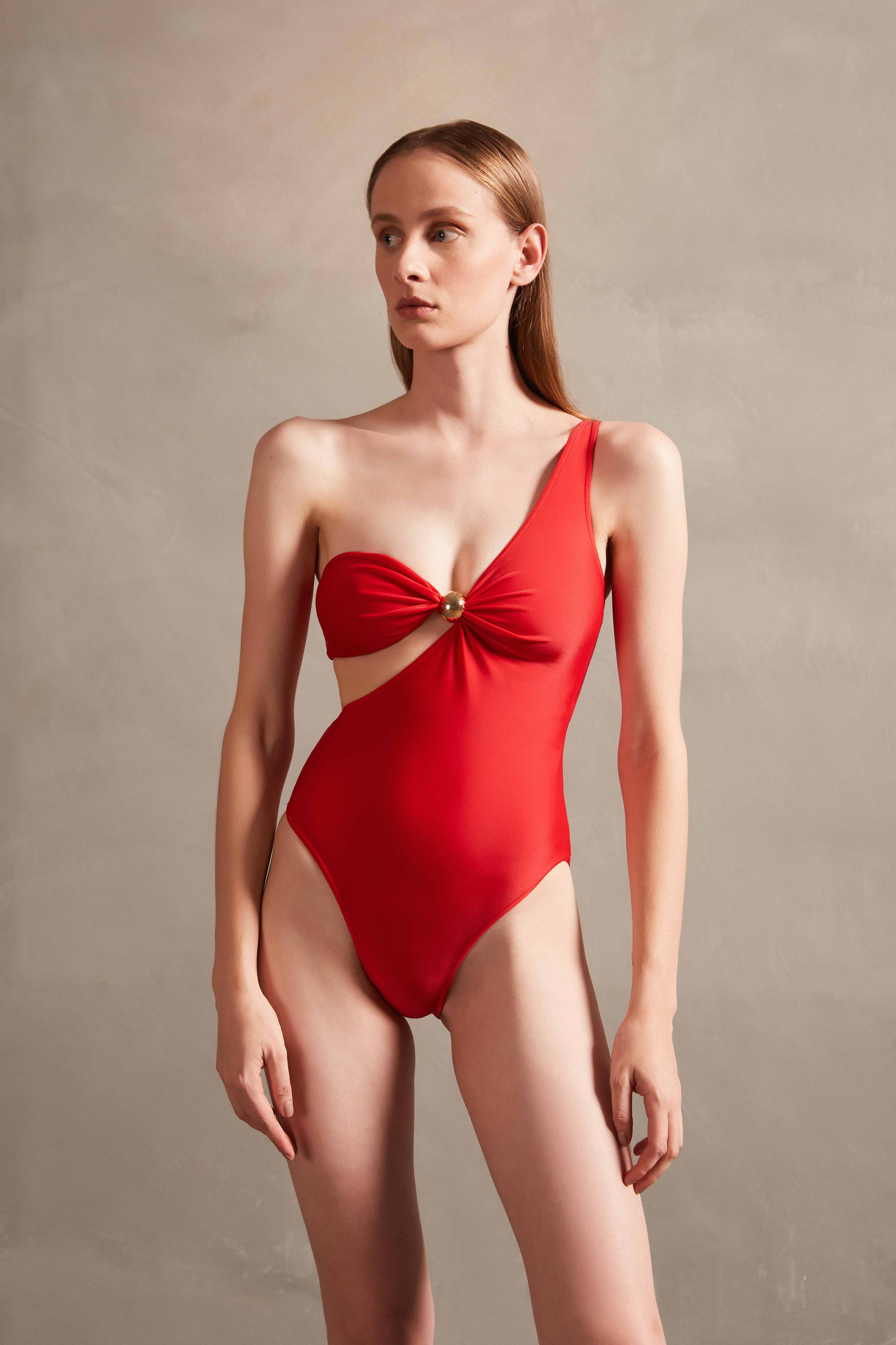 Holiday Red One-Shoulder Swimsuit Front