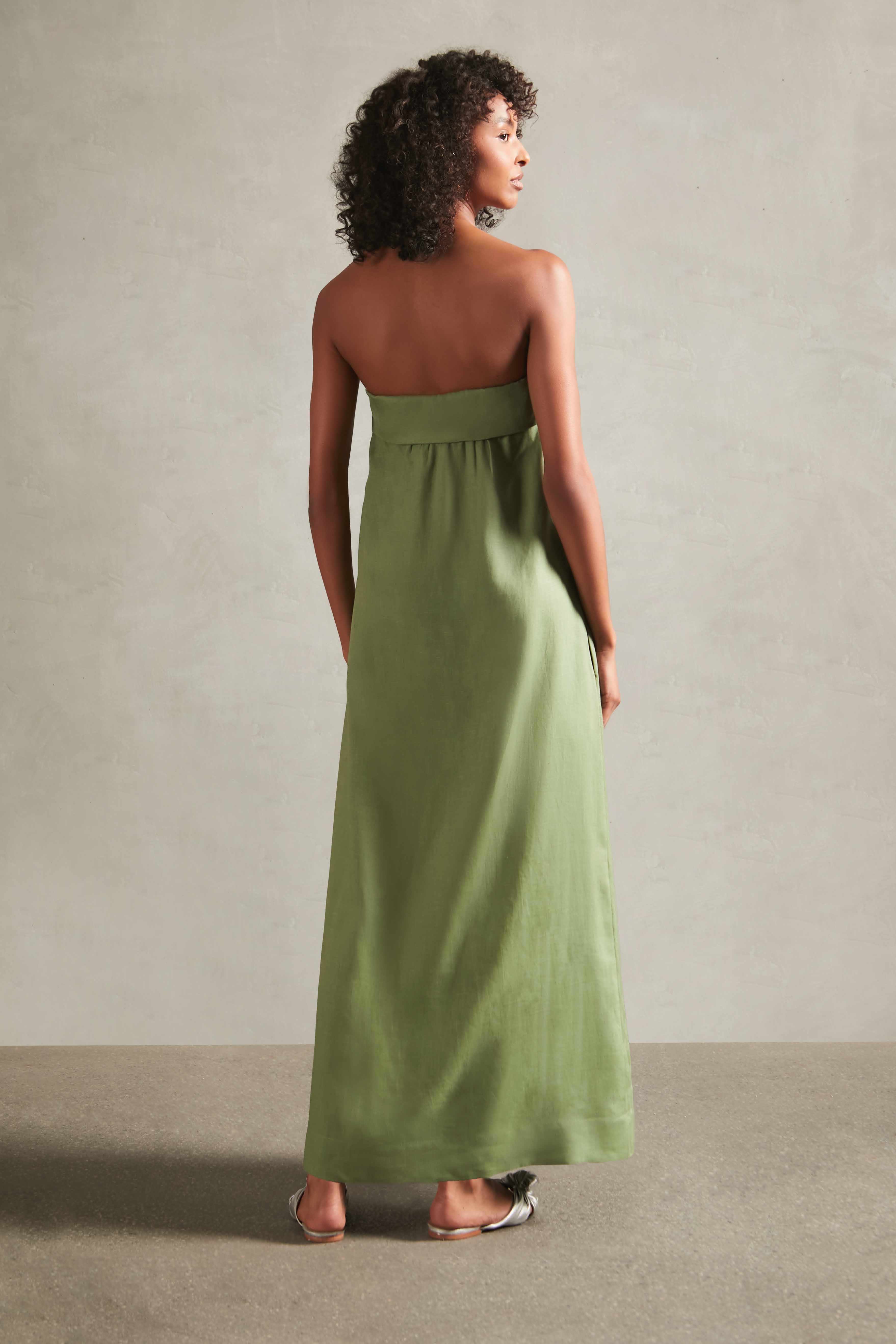 Jellyfish Green Solid Strapless Long Linen Dress Back