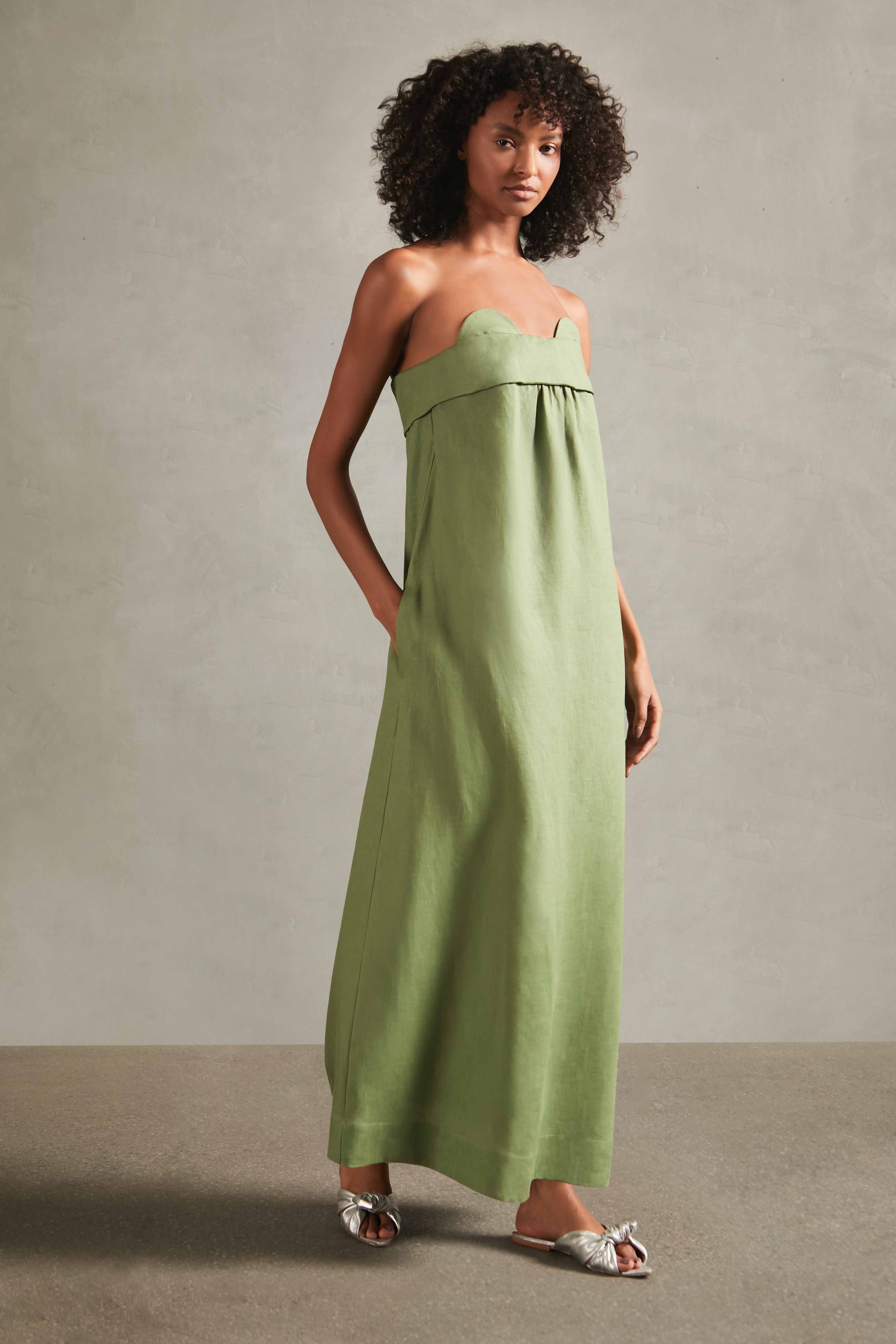 Jellyfish Green Solid Strapless Long Linen Dress Side