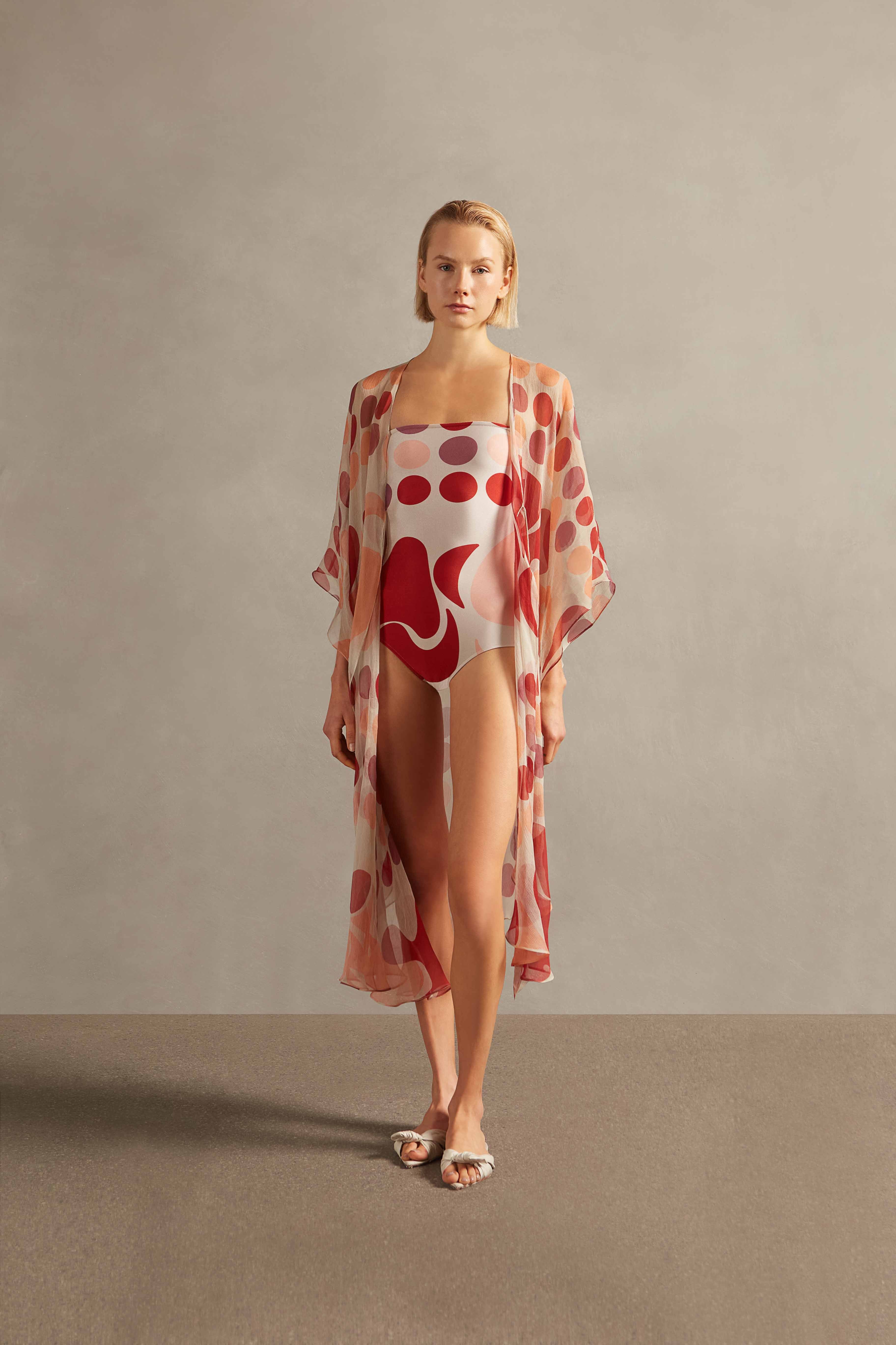 Jellyfish Strapless Swimsuit Front 2 - off-white with pink print