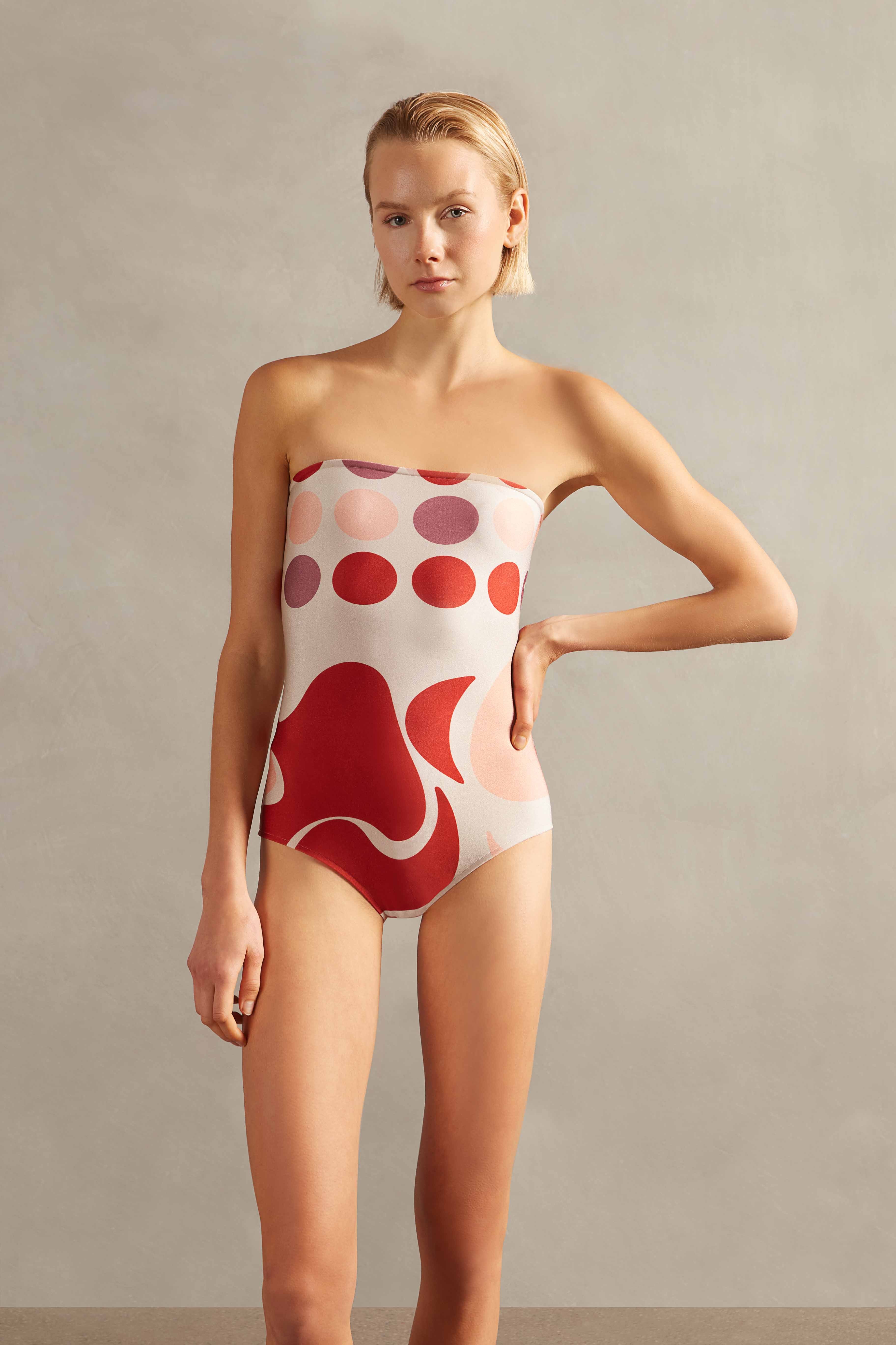 Jellyfish Strapless Swimsuit Front - off-white with pink print