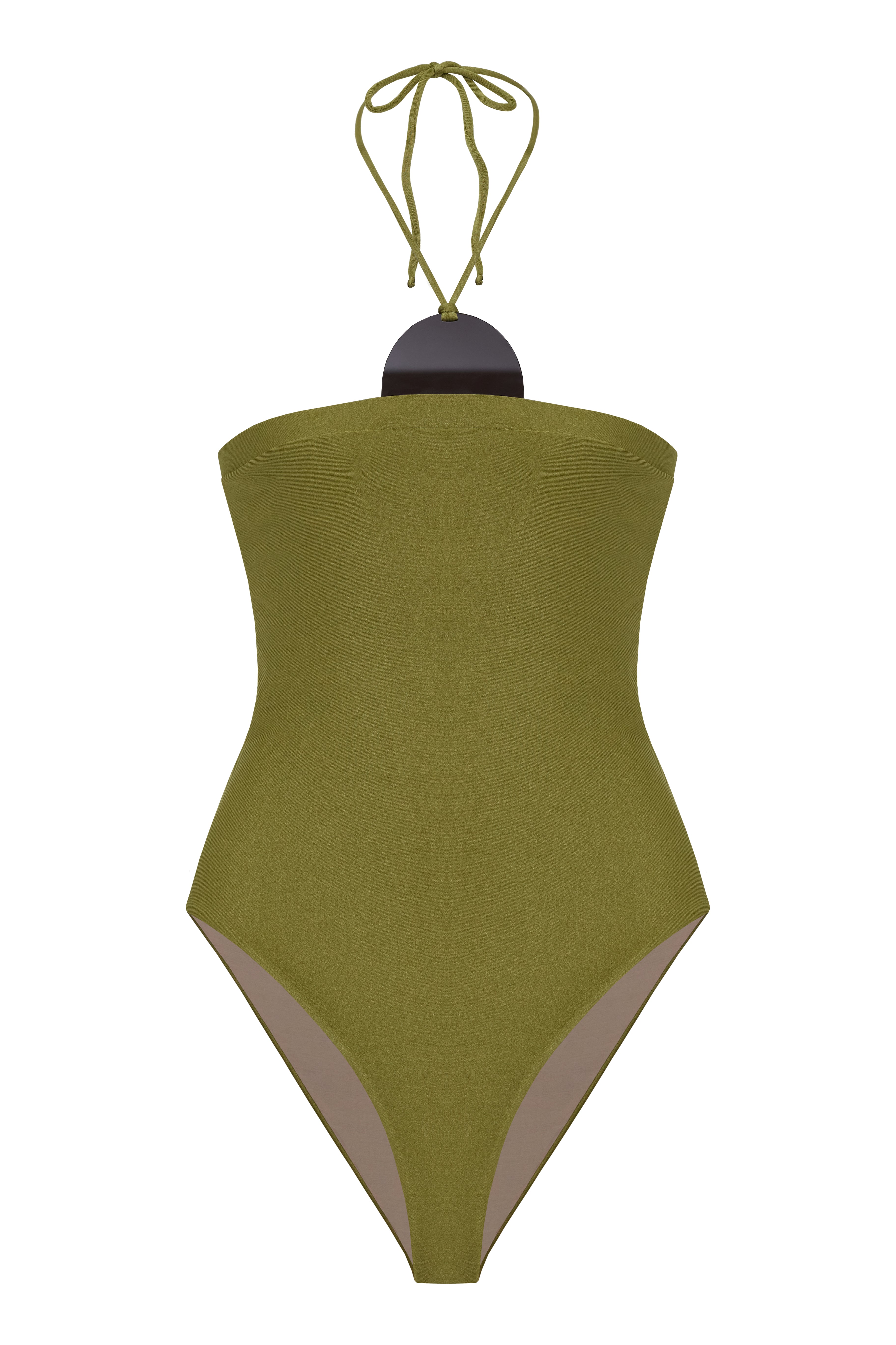 Still image of the Mobile Apliqué Swimsuit back, with a green pistachio print, on a 85% polyamide15% spandex.