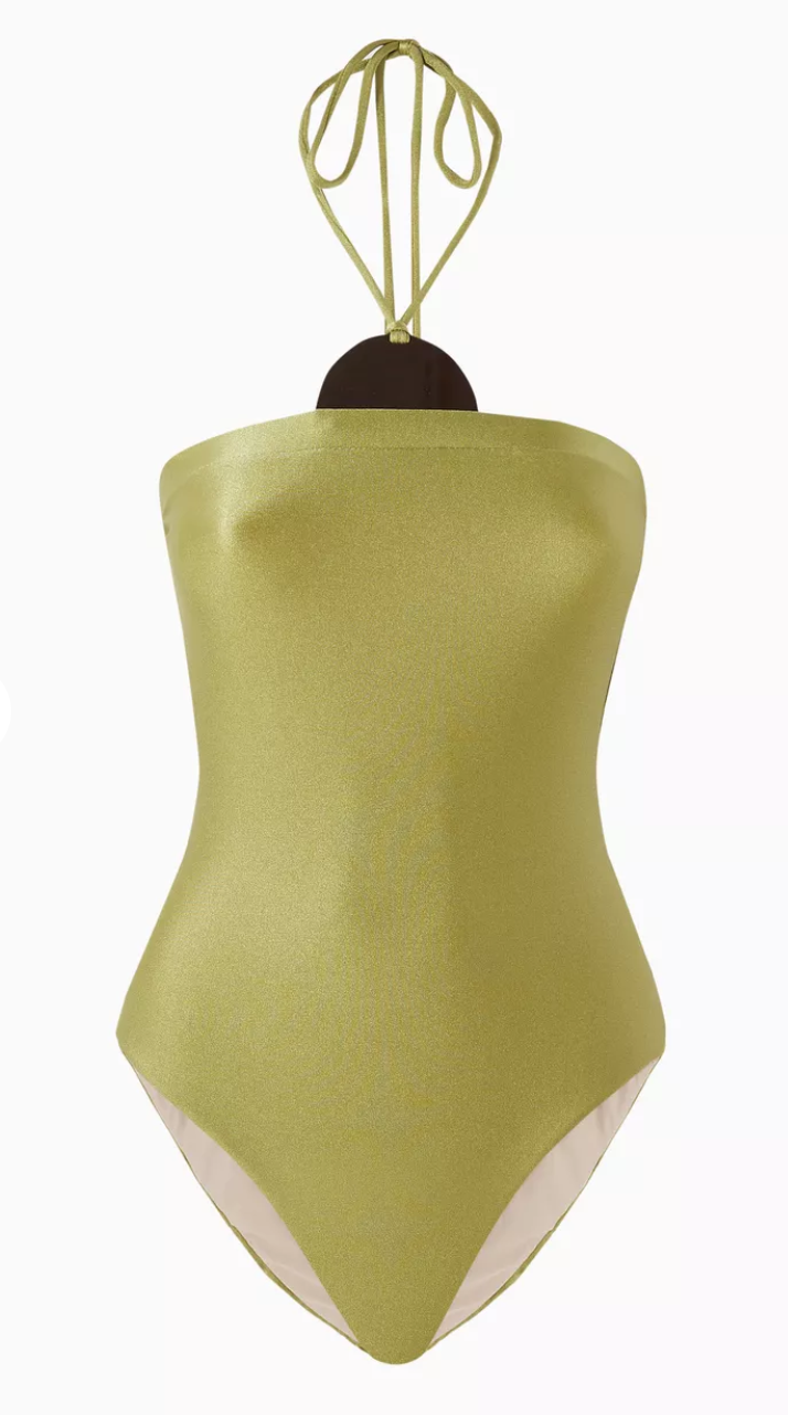 Still image of the Mobile Apliqué Swimsuit, with a green pistachio print, on a 85% polyamide15% spandex.