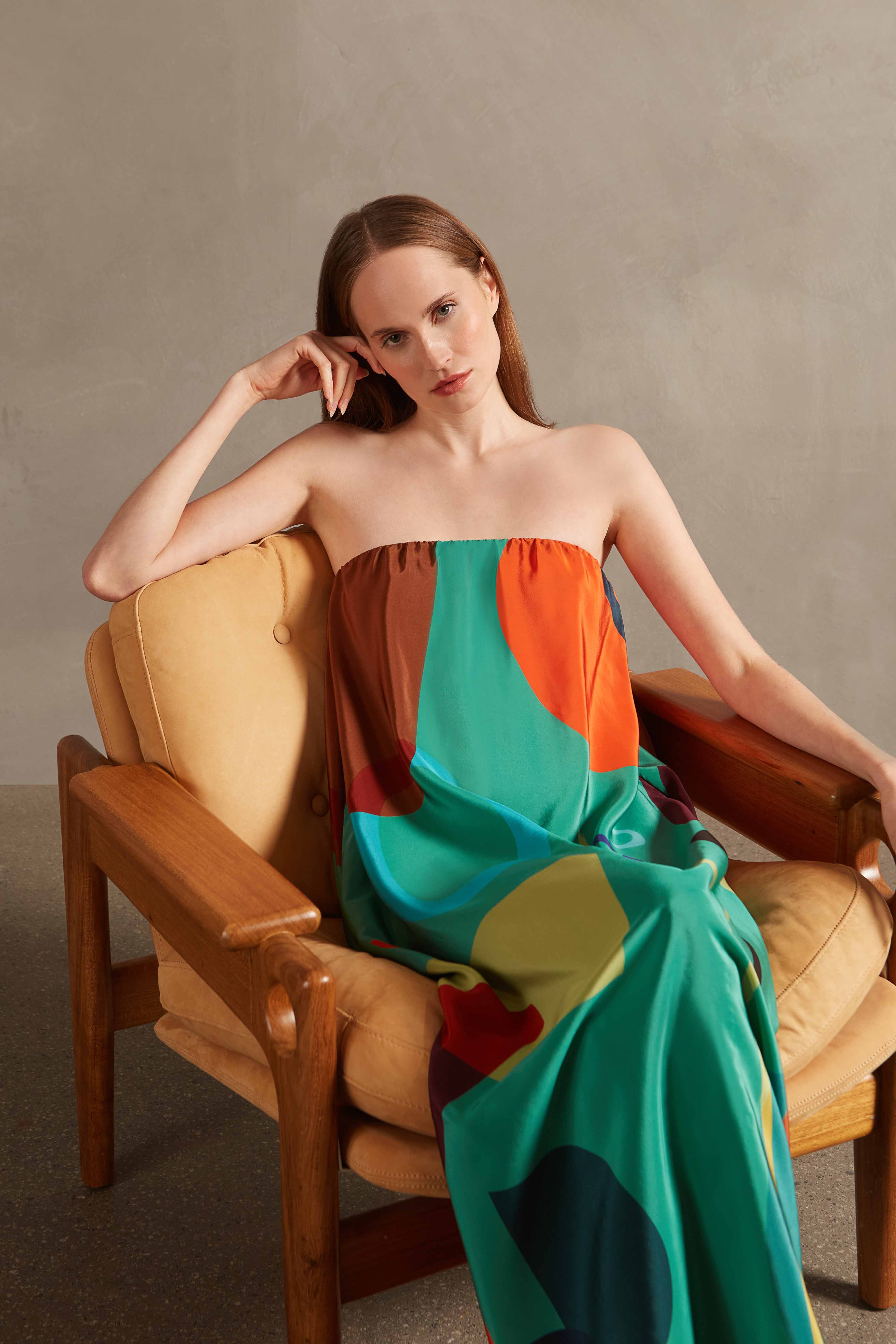 Modernism Teal Strapless Long Dress Detail