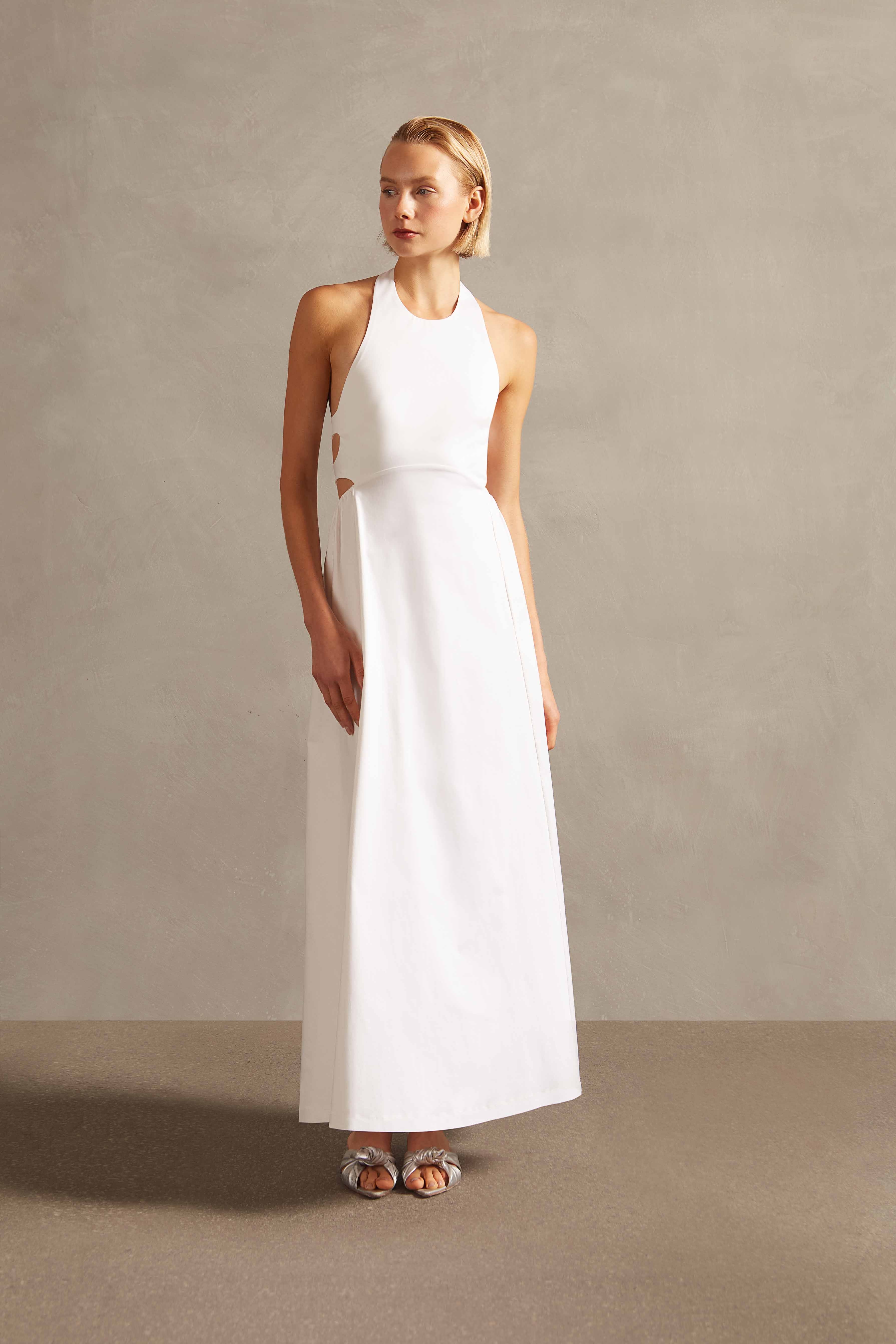 Off White Solid Cotton Long Dress Front