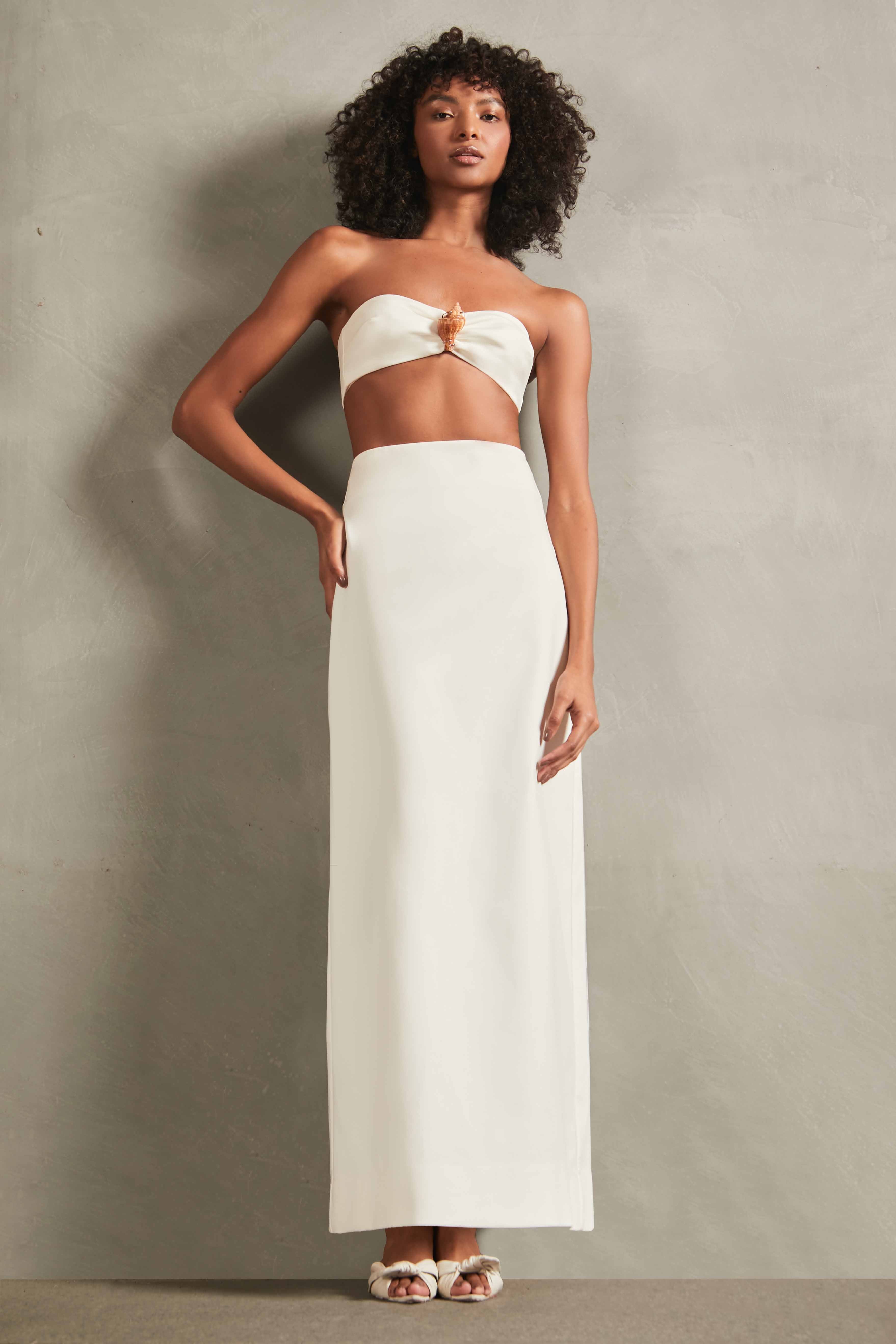 Off-White Solid Cotton Top & Skirt Set Front