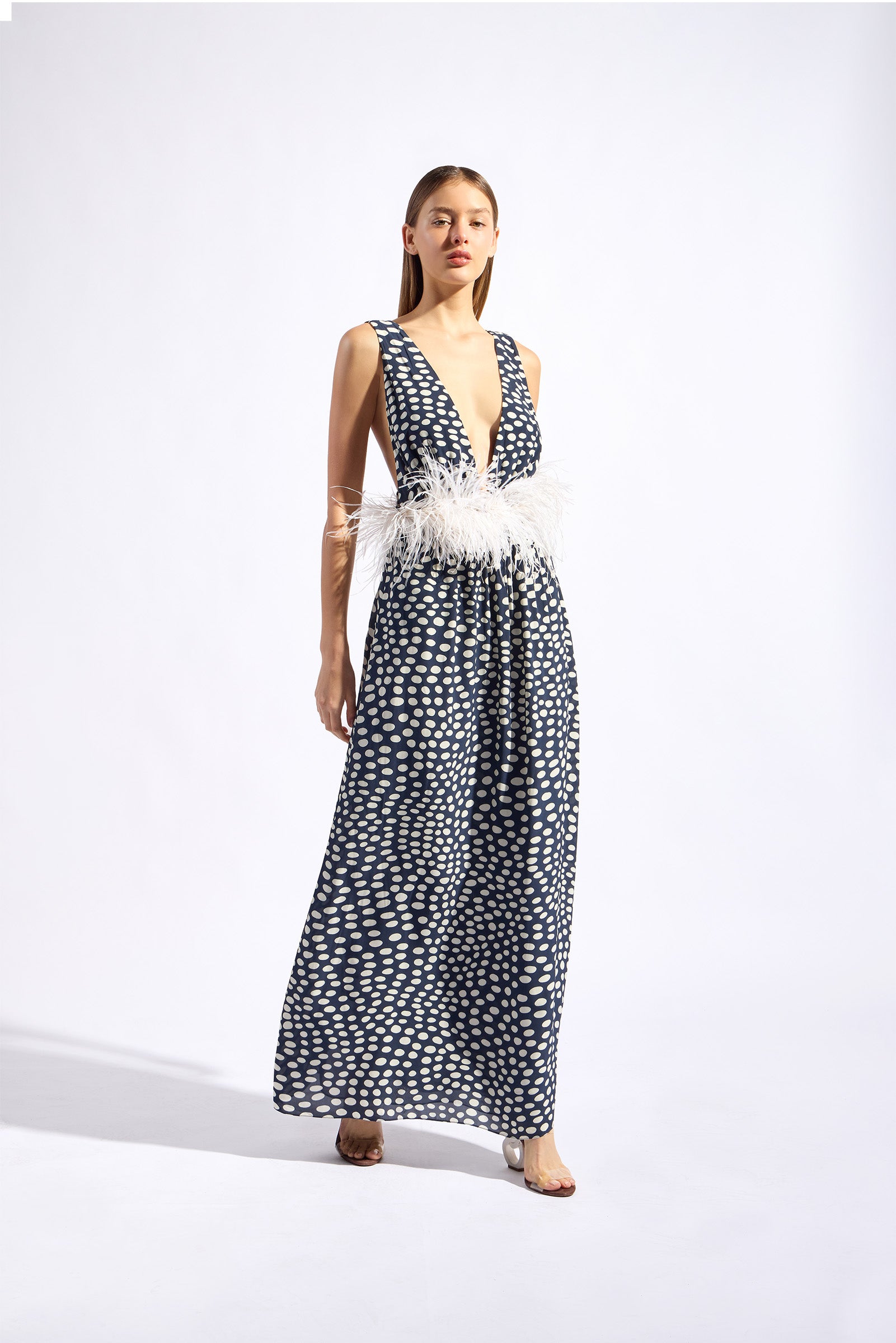 open lace back dress Women's Pois Plunge-Neck Long Dress | Color: Navy