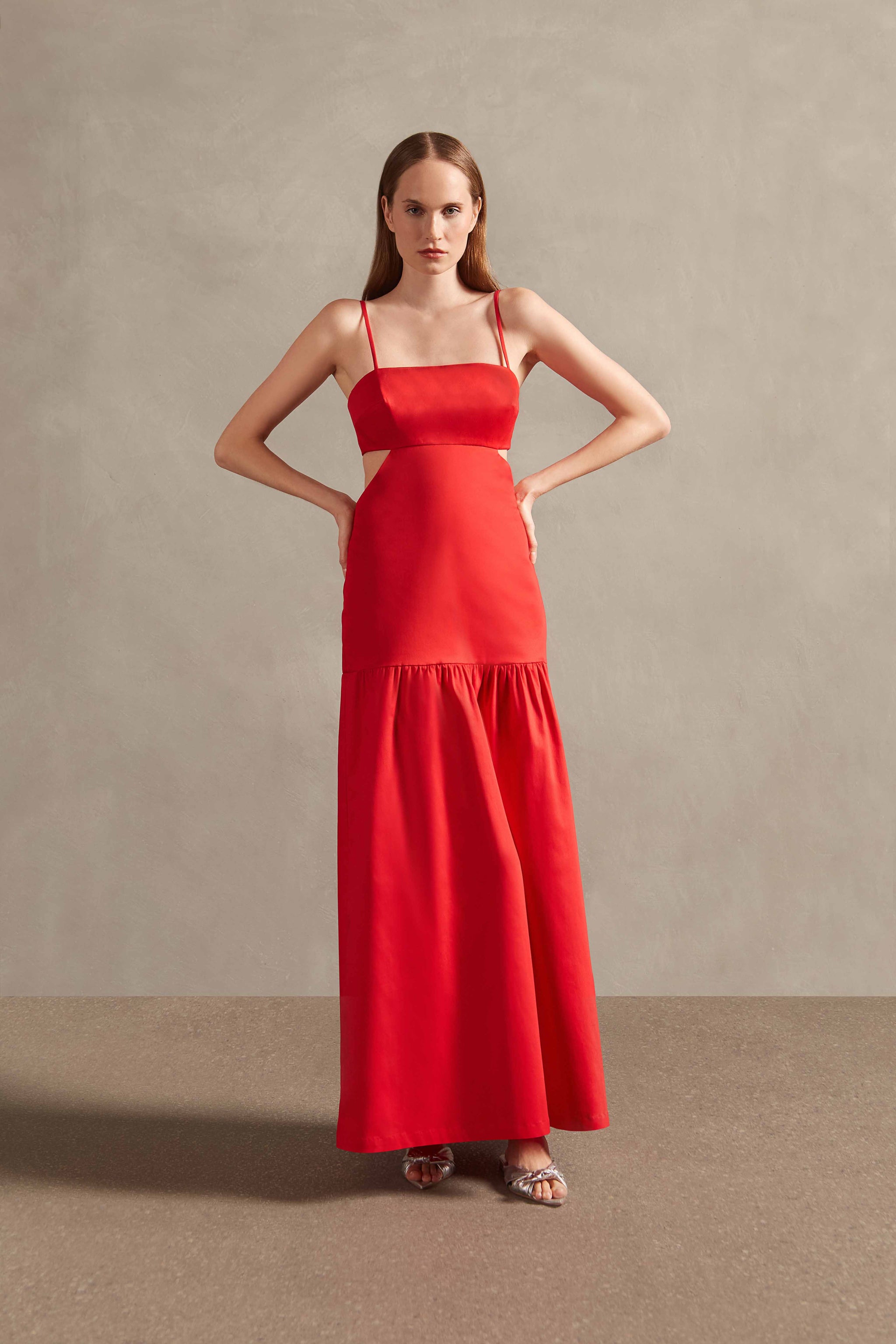 Women's Red Solid Cotton Cut-Outs Long Dress