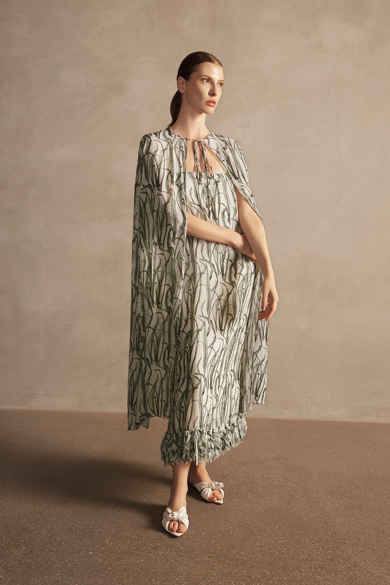 Samambaia Fringes Midi Dress With Cape