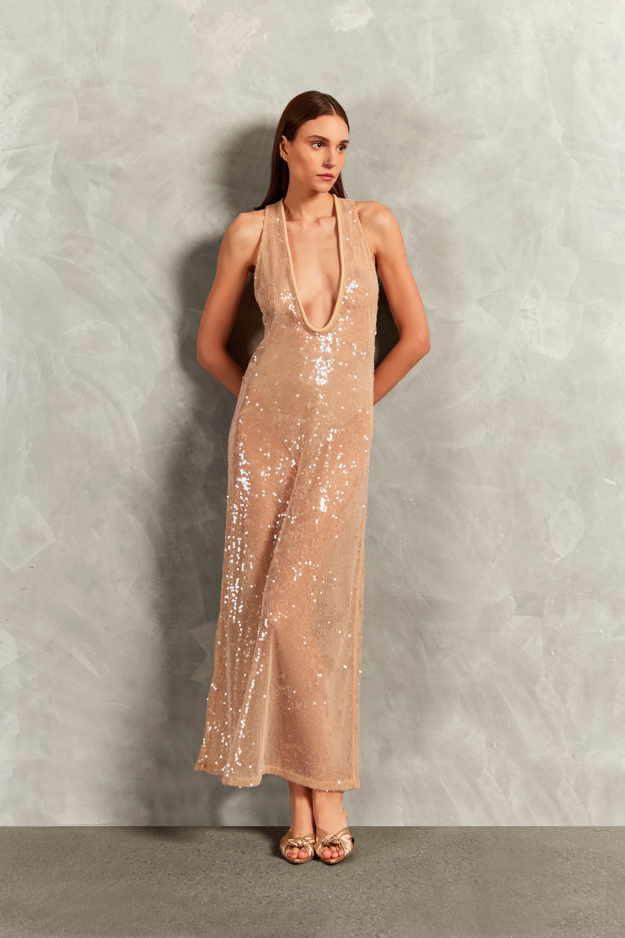 Sequins Plunge V-Neck Long Dress