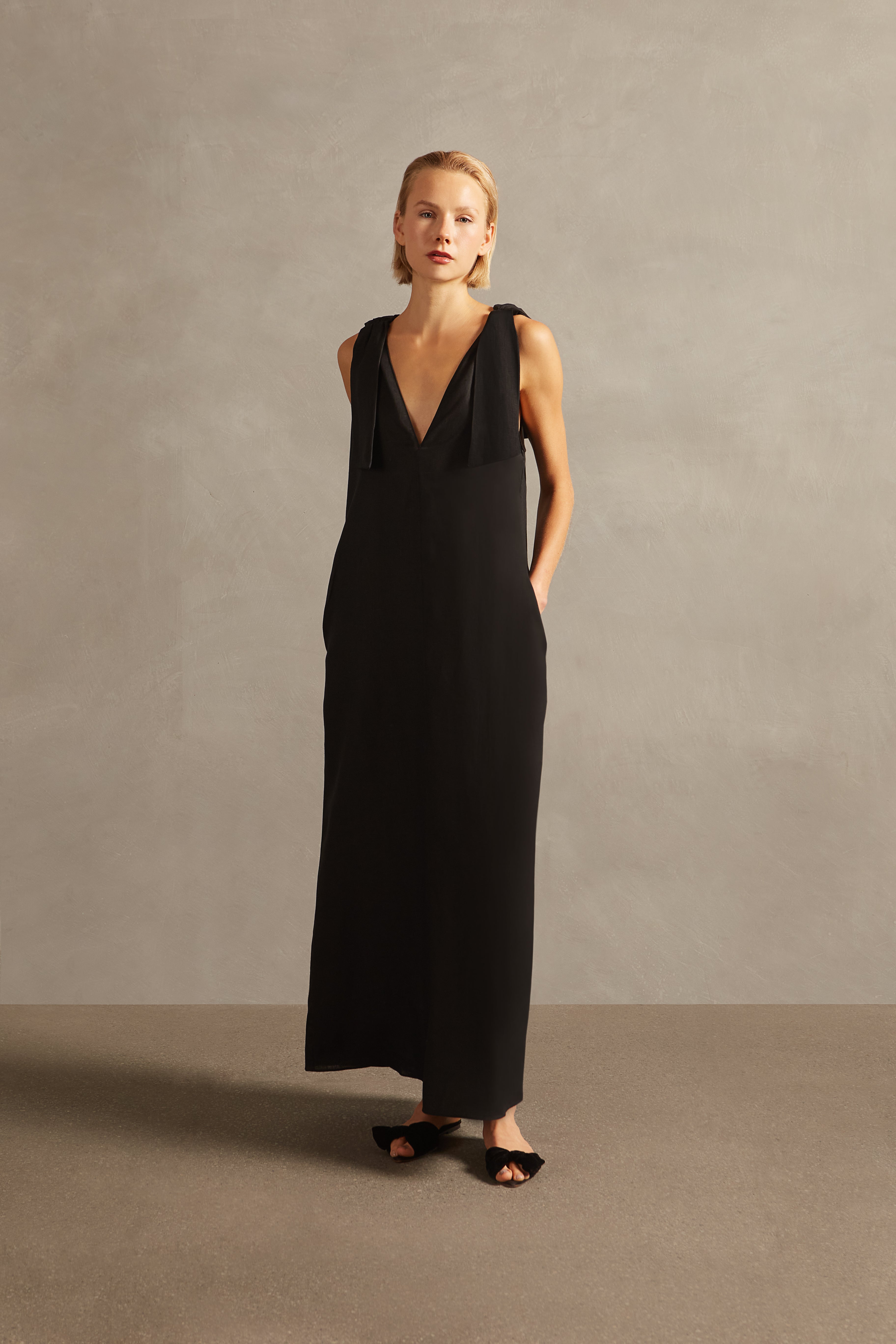 Solid Black Straps Long Dress Front
