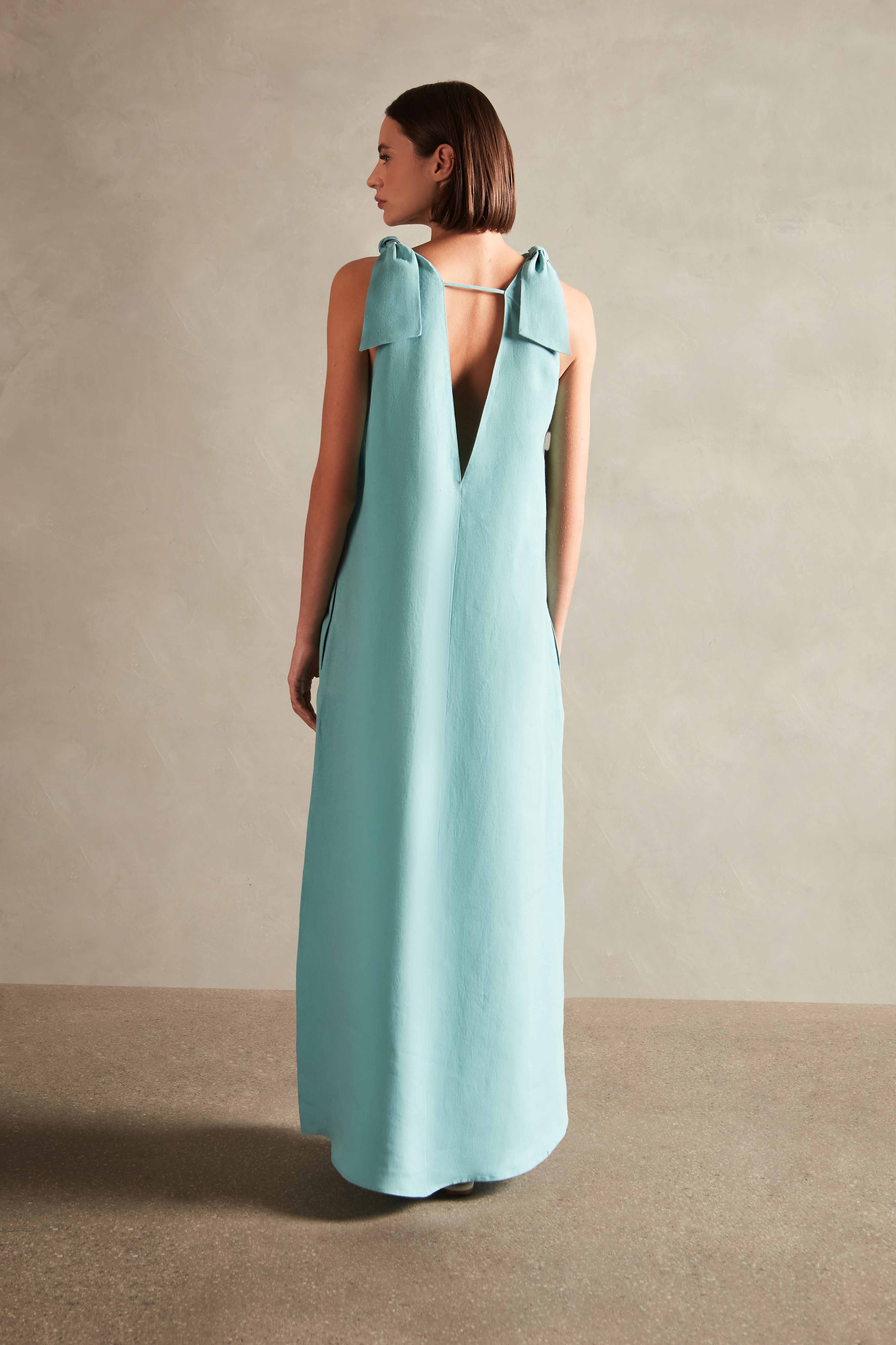 Solid Blue Straps Long Dress Back