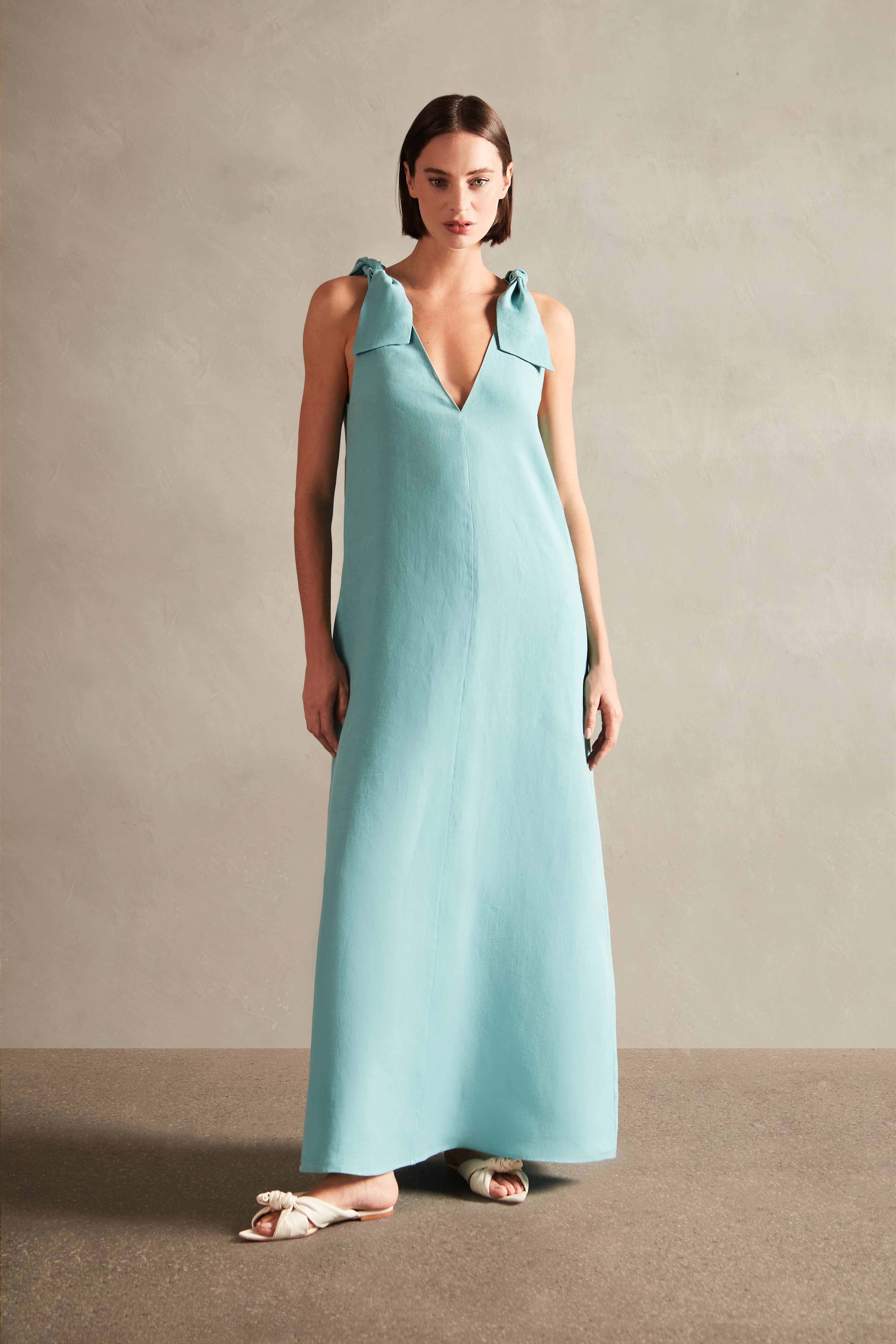 Solid Blue Straps Long Dress Front