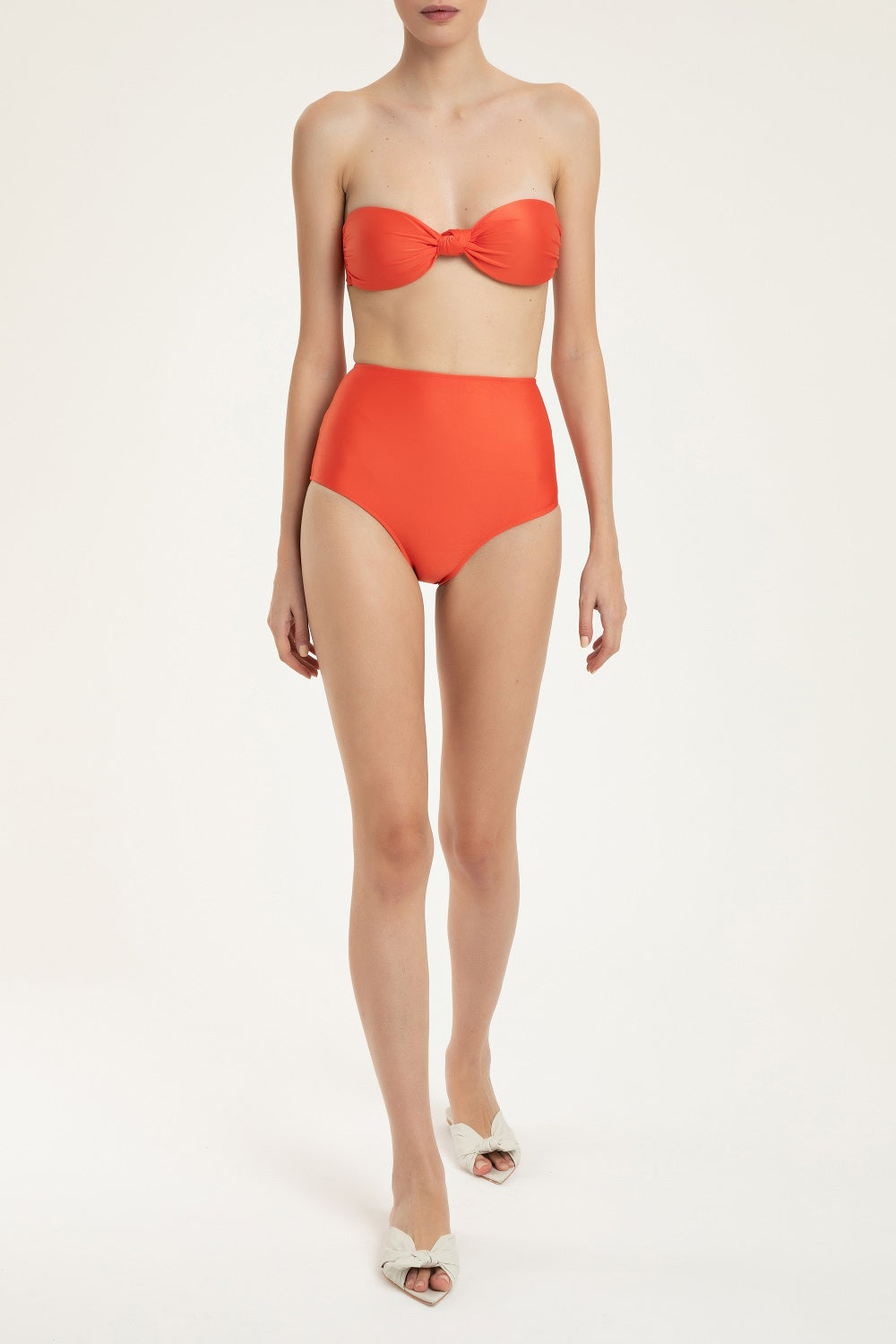 Solid Coral Hot Pants Bandeau Bikini Front