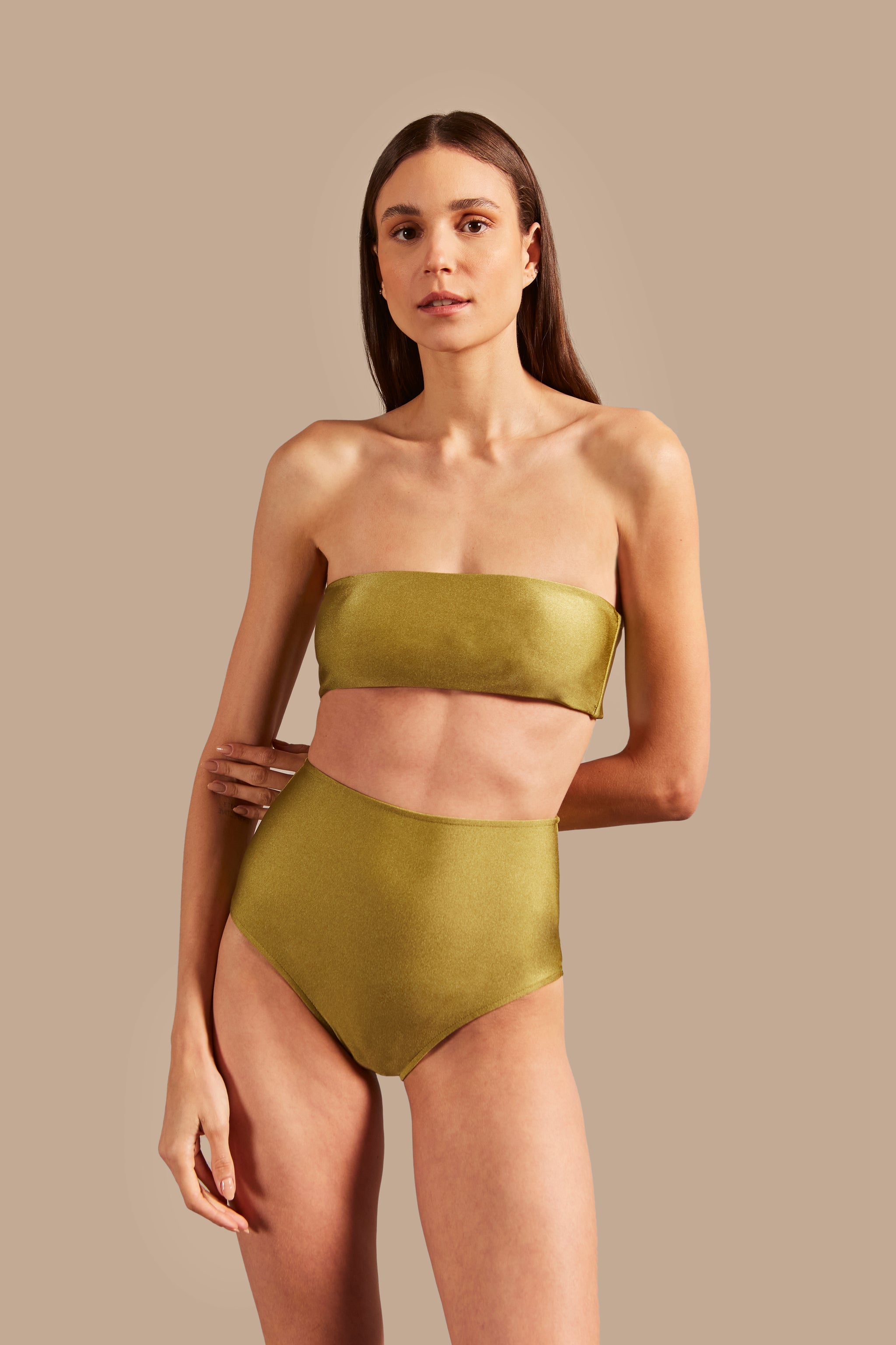 High Waist Solid Color Bandeau Bikini