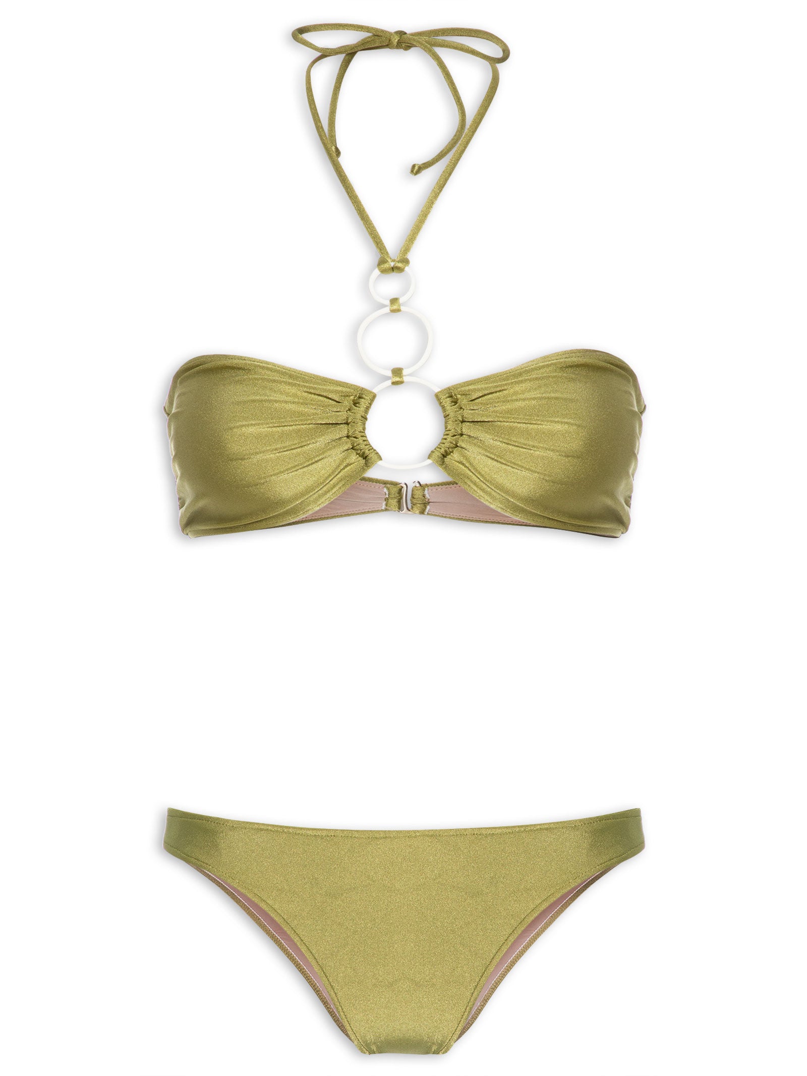 Solid Hoops Strapless Bikini product showcasing it's halterneck green pistachio top and low waisted bottom, on a stretchy fabric.