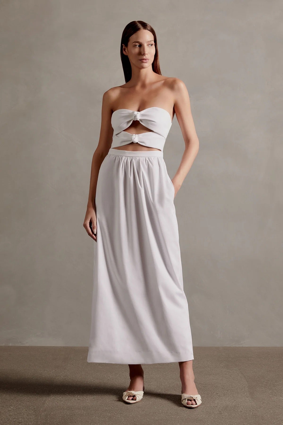 Women's Solid Strapless Double-Knot Long Dress | Color: Off White