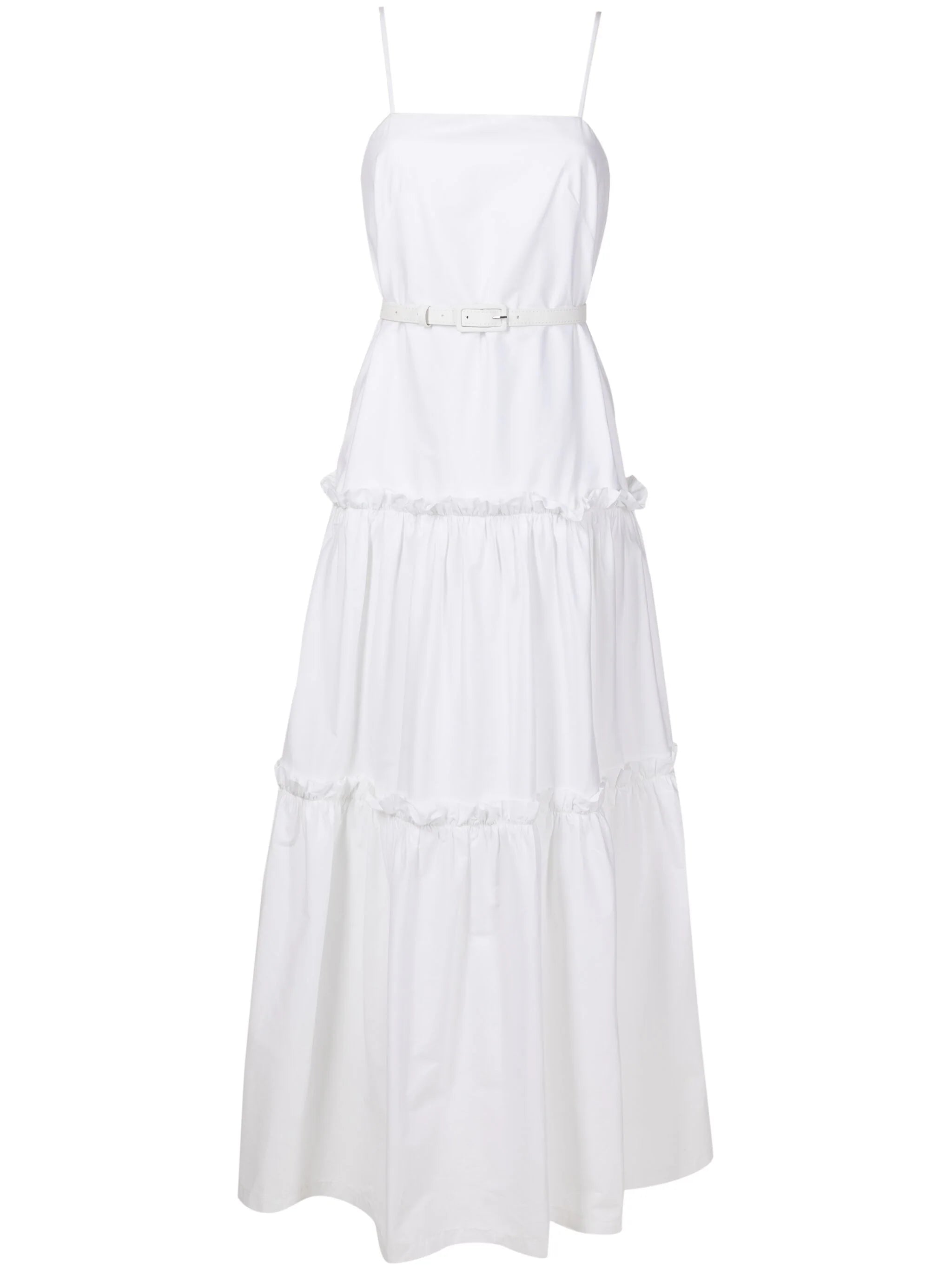 Still image of the Solid Ruffled Long Dress in off white , with 98% COTTON 2% ELASTANE