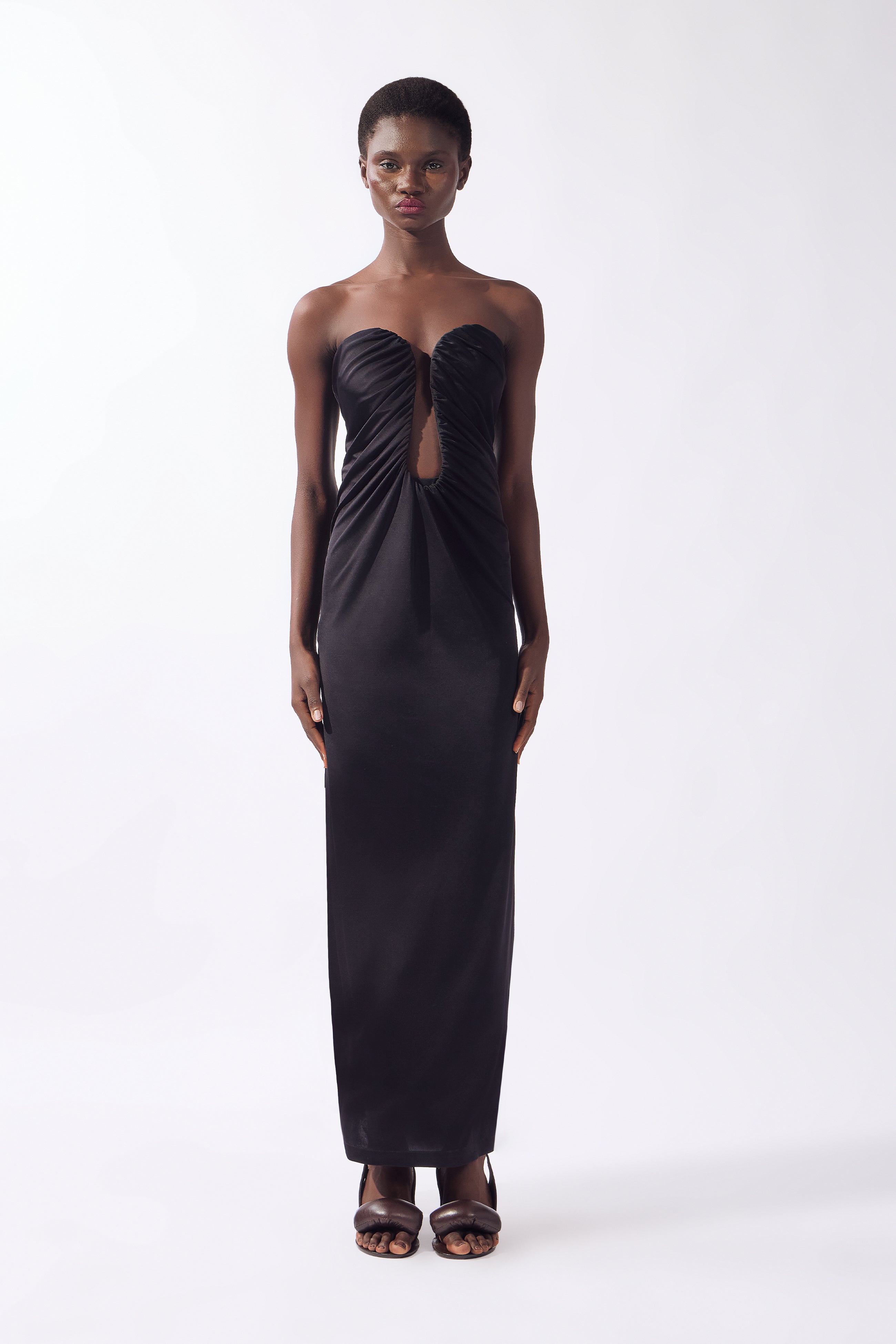 Model wearing the Structured Maxi Dress front, made from 96% viscose 6% elastane, styled for a night out look