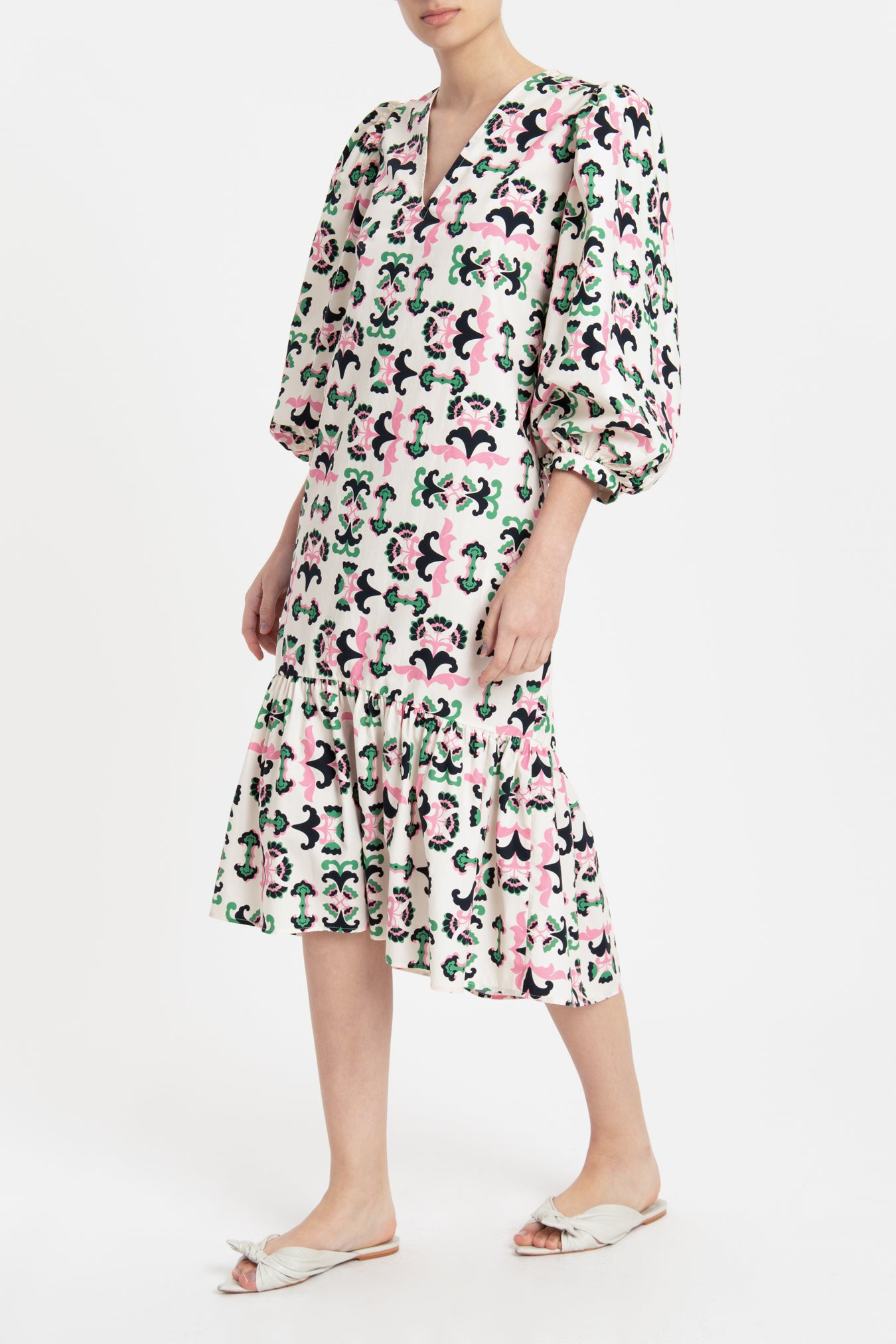Twisted Flower Ruffled Midi Dress Front