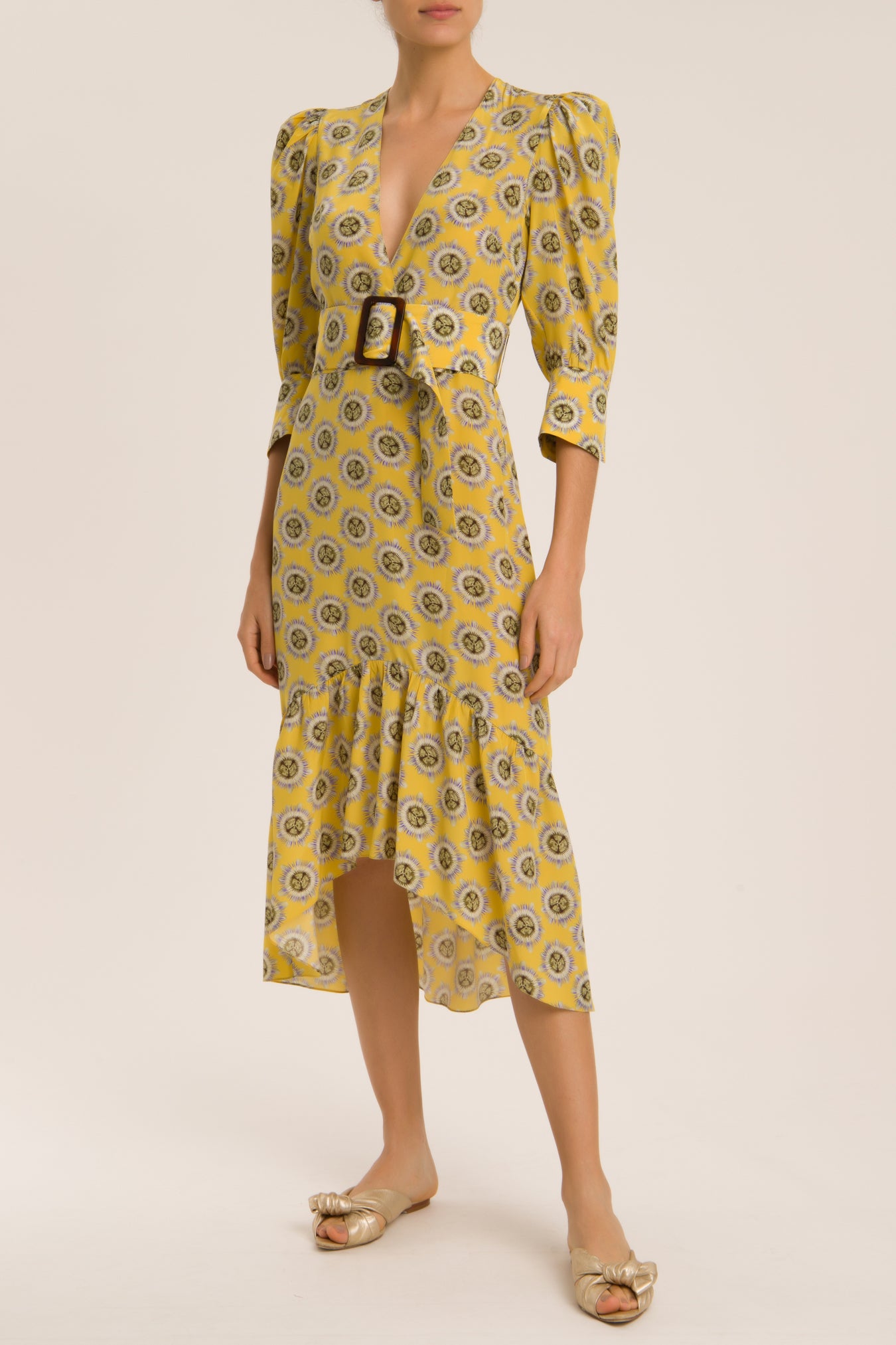 Exotic Passion Puff-Sleeved Silk Midi Dress With Belt