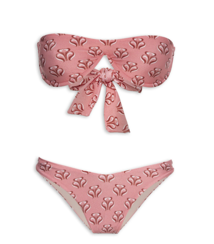 Still image of the Vintage Lily High-Leg Strapless Bikini, with a pink print, on a stretchy fabric.
