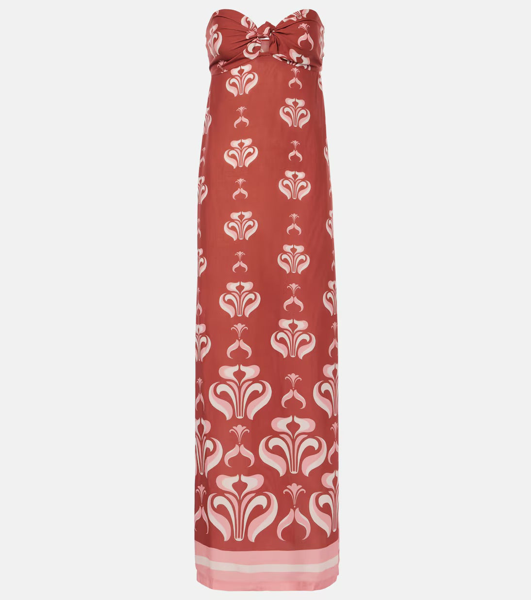 Still image of the Vintage Lily Long Dress With Knot Detail, with dark red and pink print, on a viscose fabric.