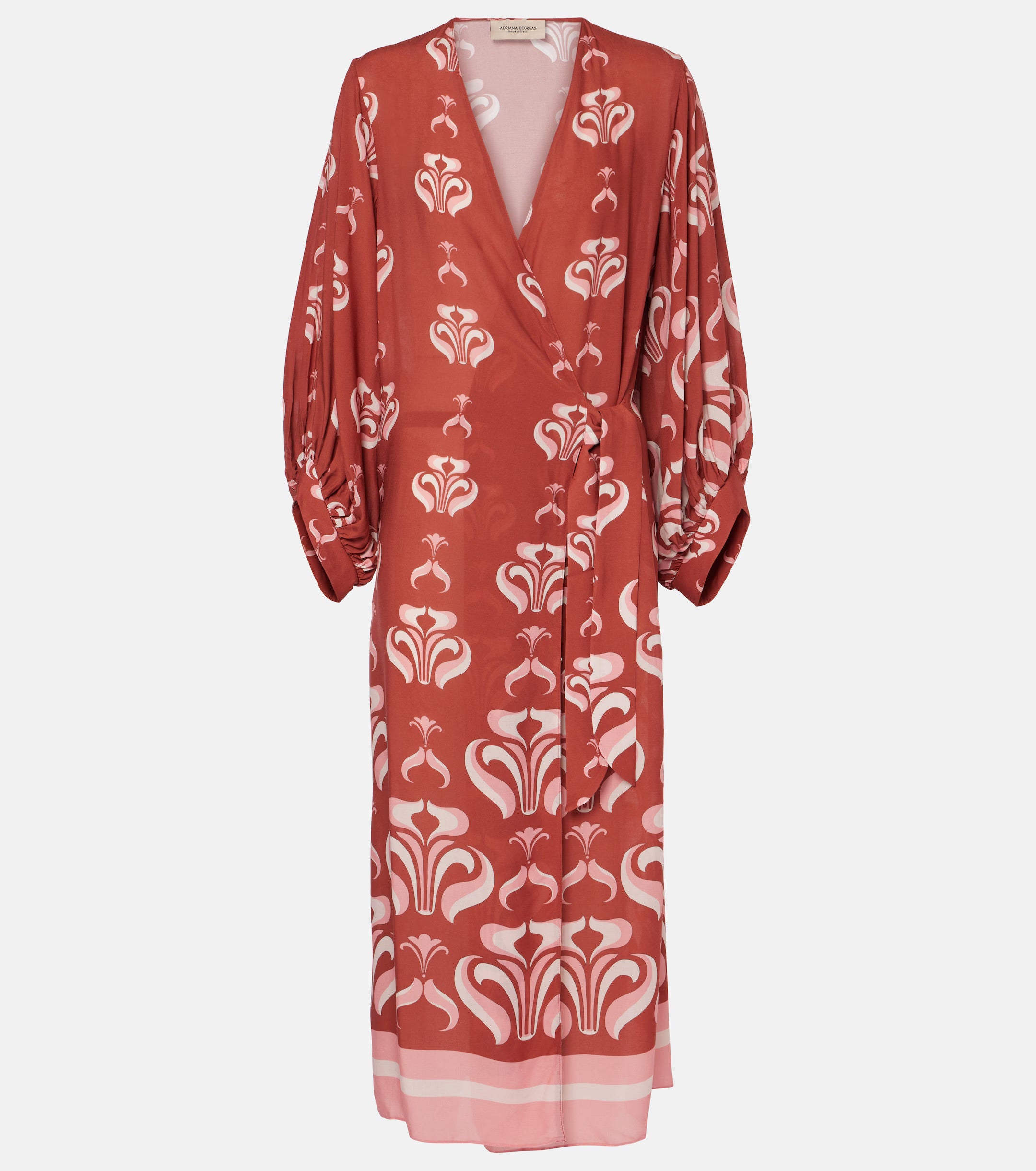 Still image of the Vintage Lily Long Robe with dark red and pink print, on a viscose fabric.