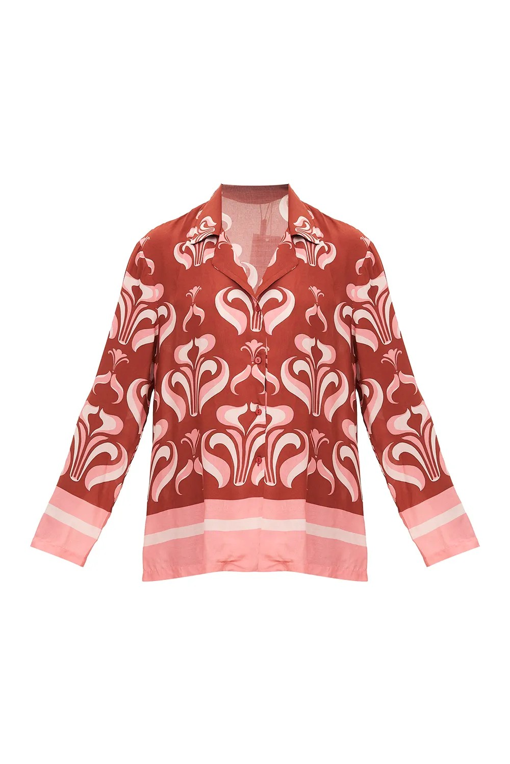 Still image of the Vintage Lily Long-Sleeved Shirt with dark red and pink print, on a viscose fabric.