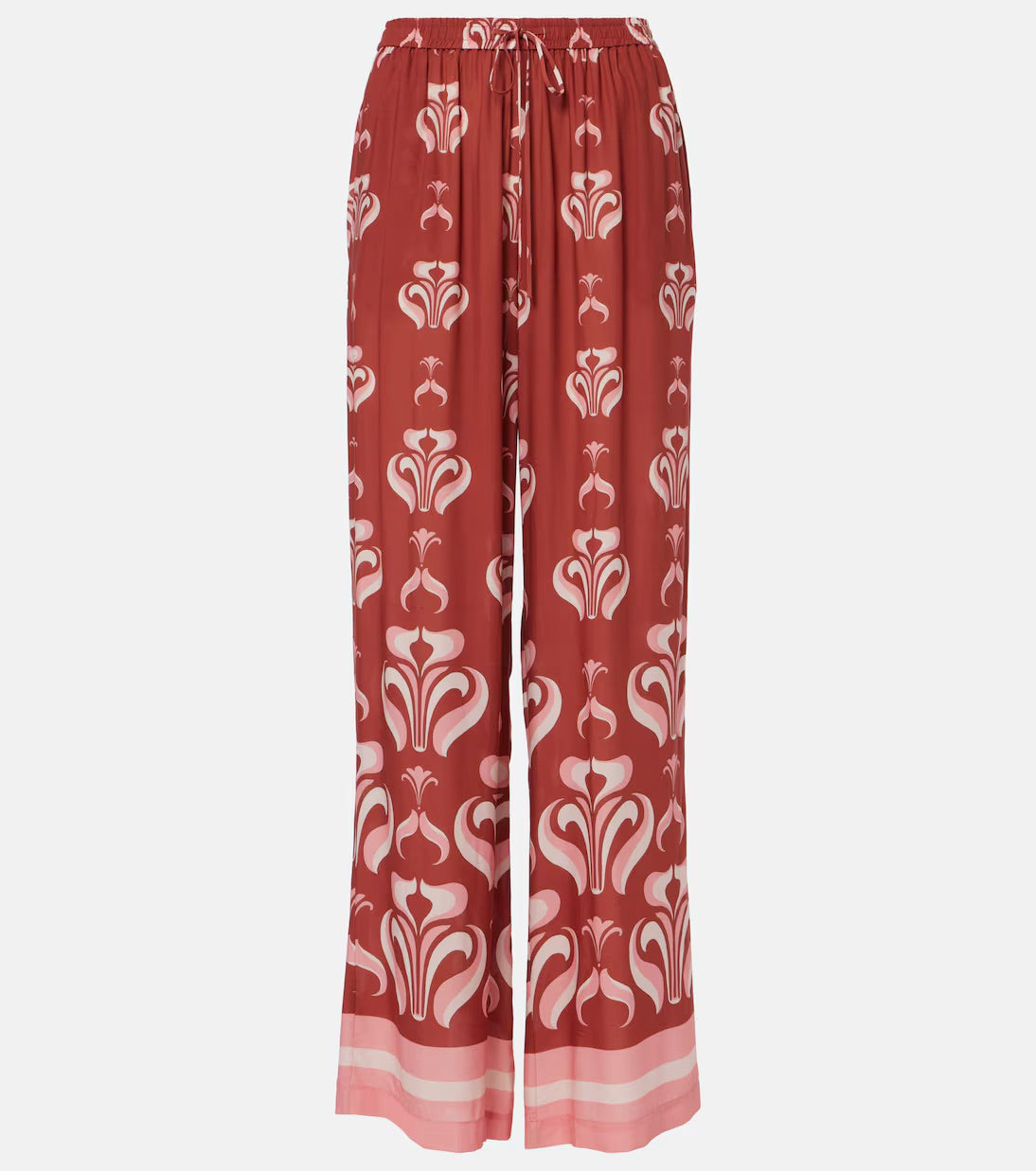 Still image of the Vintage Lily Wide-Leg Pants with dark red and pink print, on a viscose fabric.