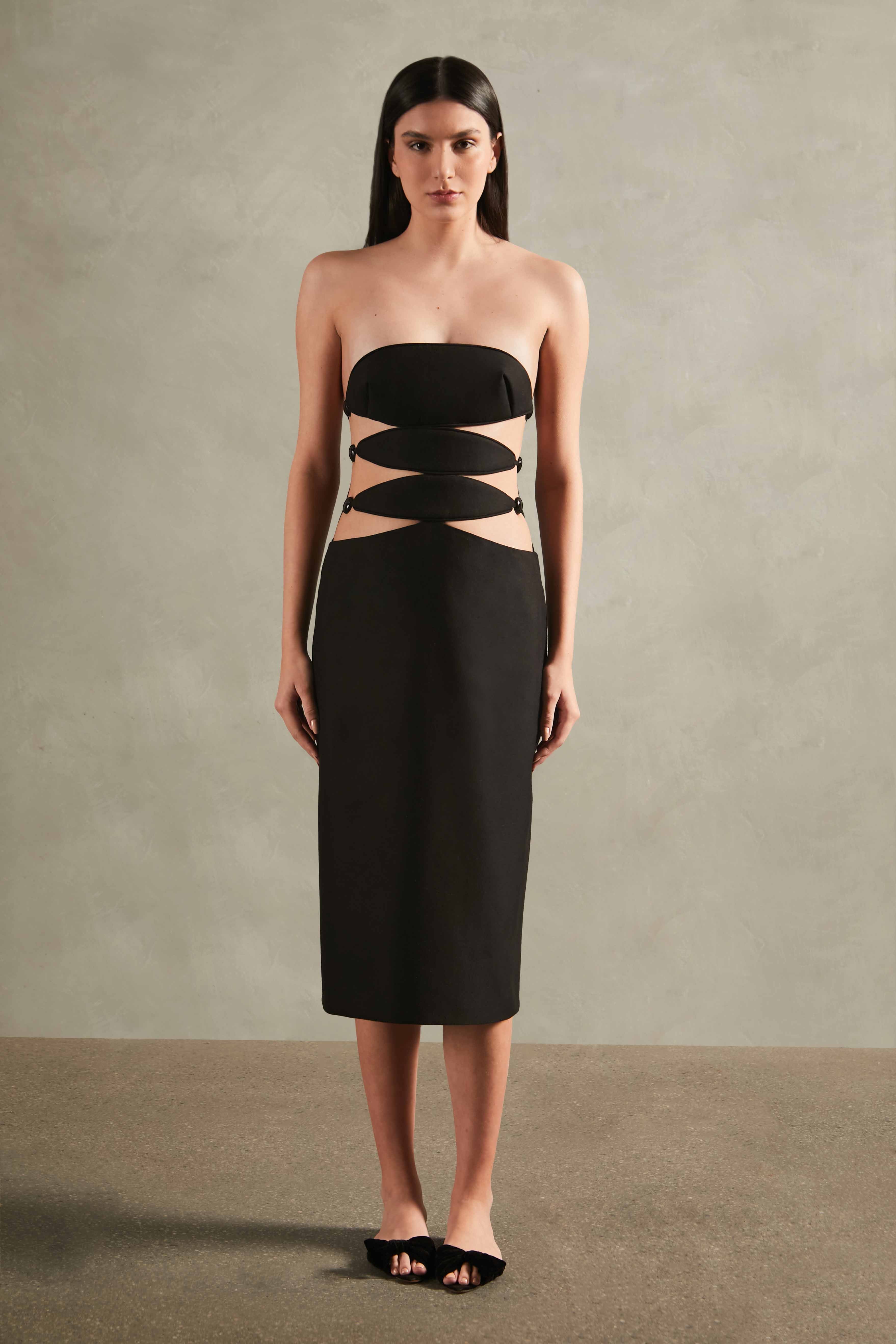 Vintage Orchid Solid Strapless Cut-Out Midi Dress Black Front