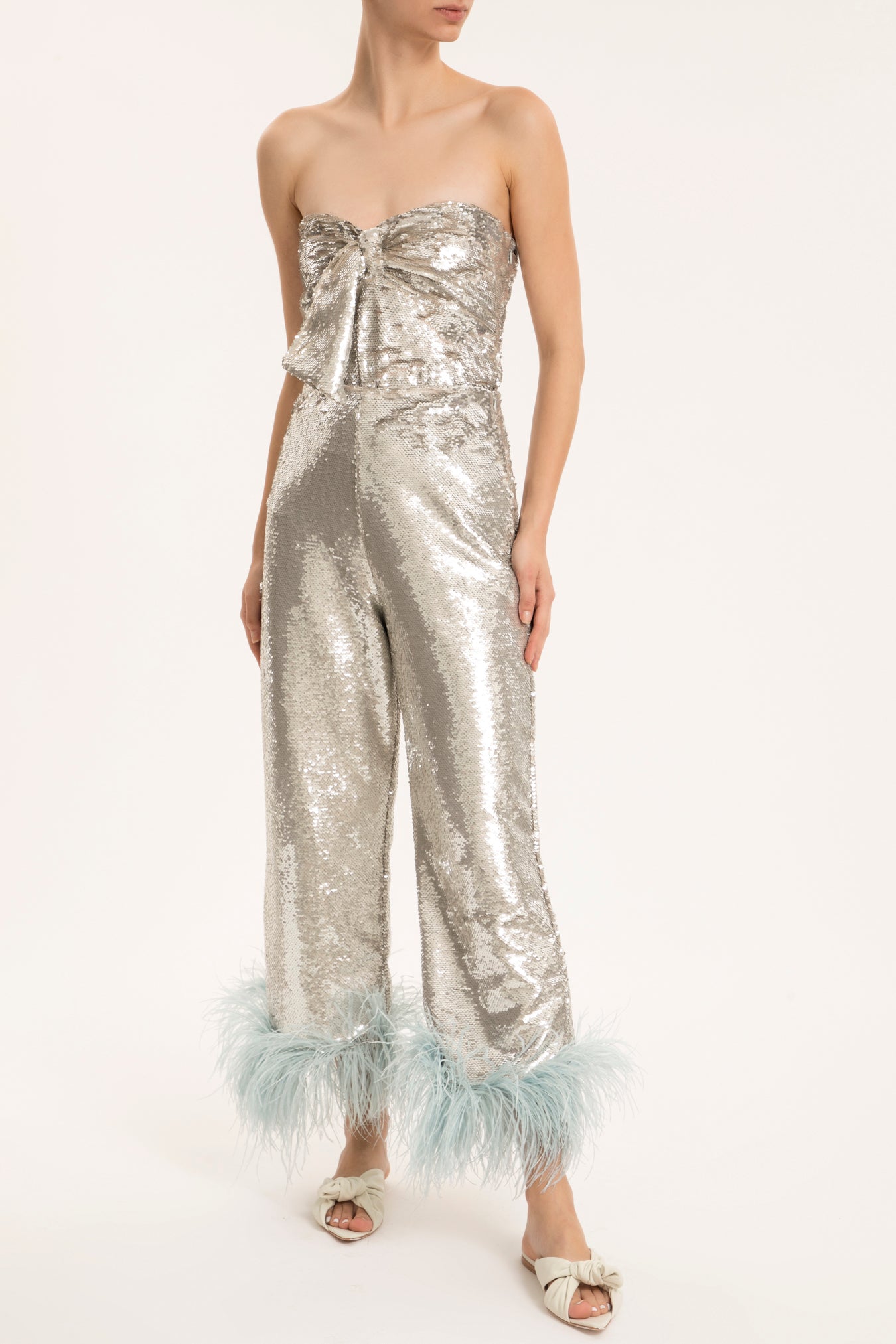 Sequins Wide-Leg Pants With Feathers
