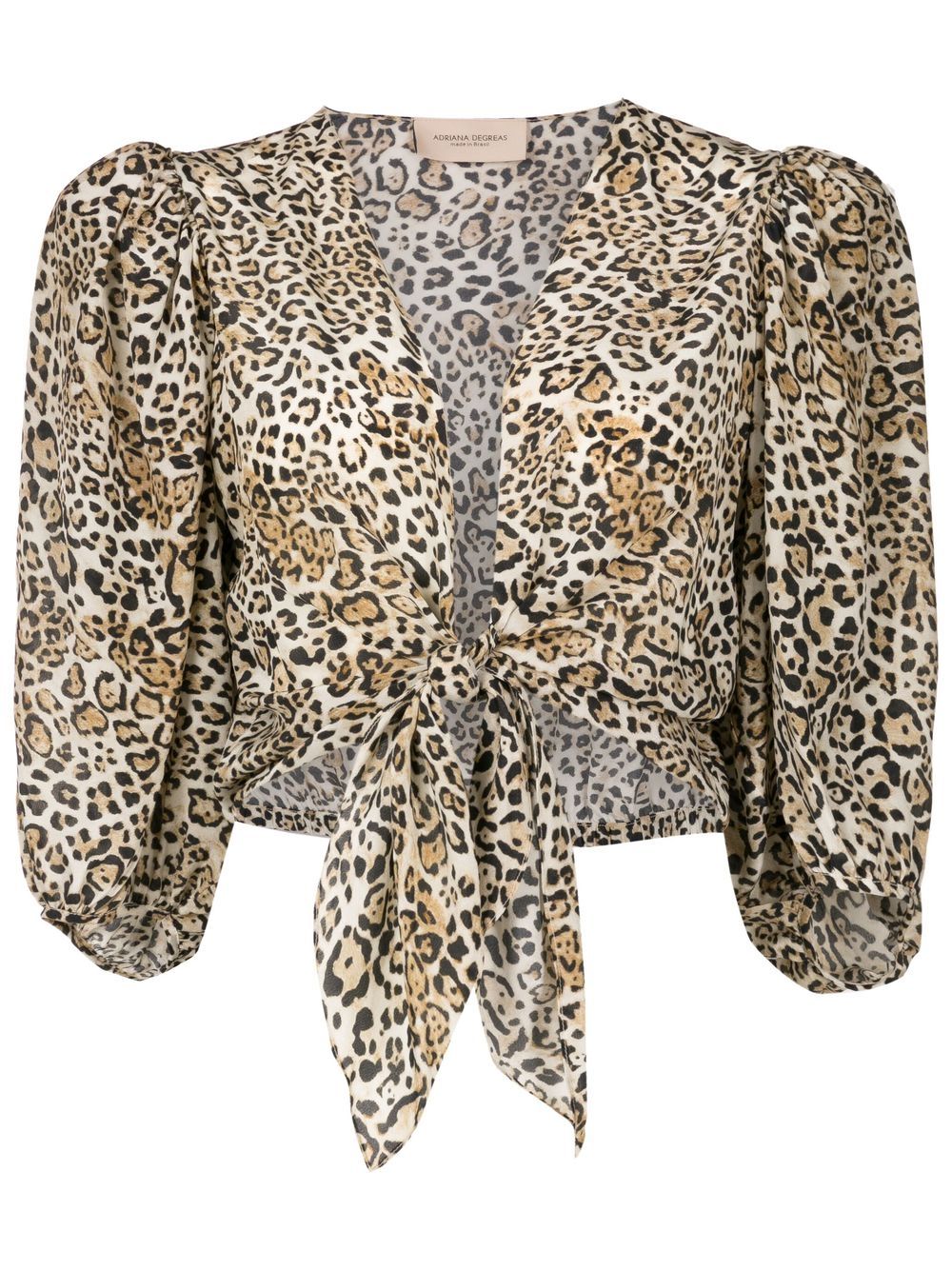 Leopard Puff-Sleeved Cropped Blouse With Knot