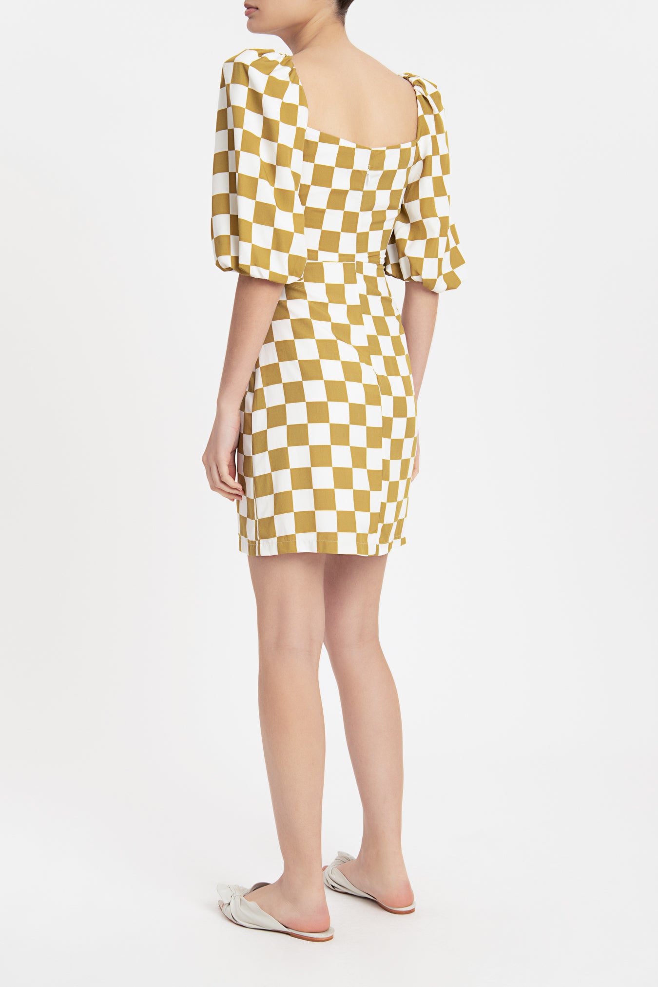 Carre Vintage Puff-sleeved Short Dress With Knot Back