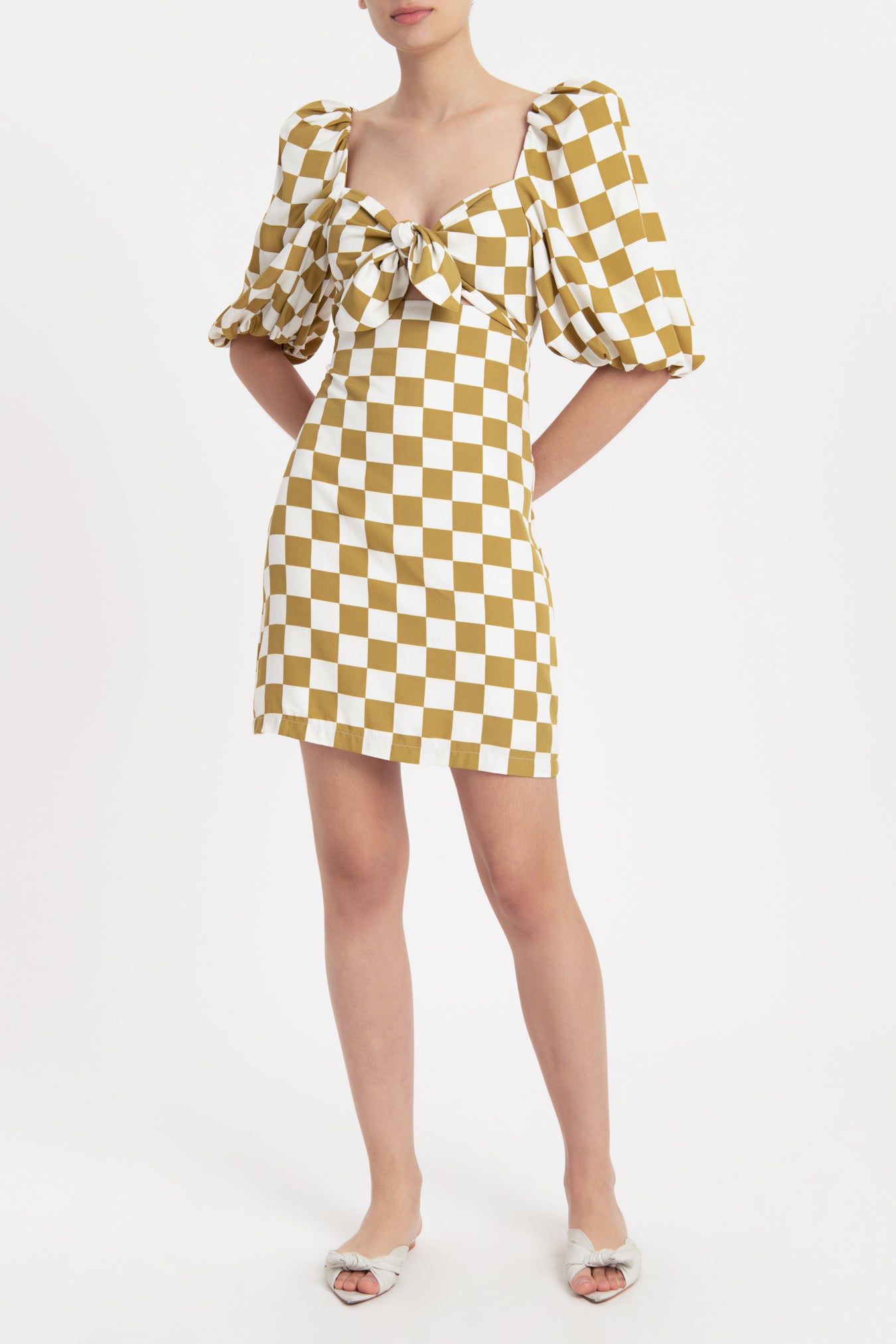 Women's Carre Vintage Puff-Sleeved Short Dress with Knot