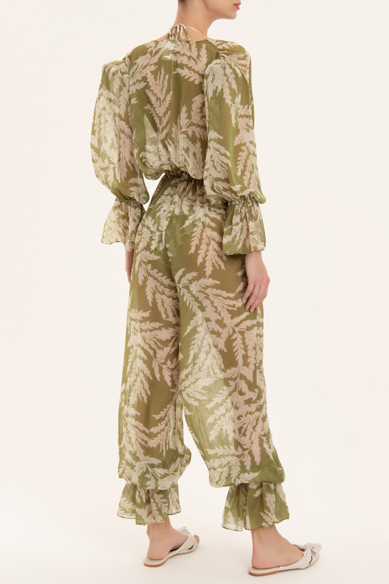 Classic Foliage V Neck Ruffled Jumpsuit Back