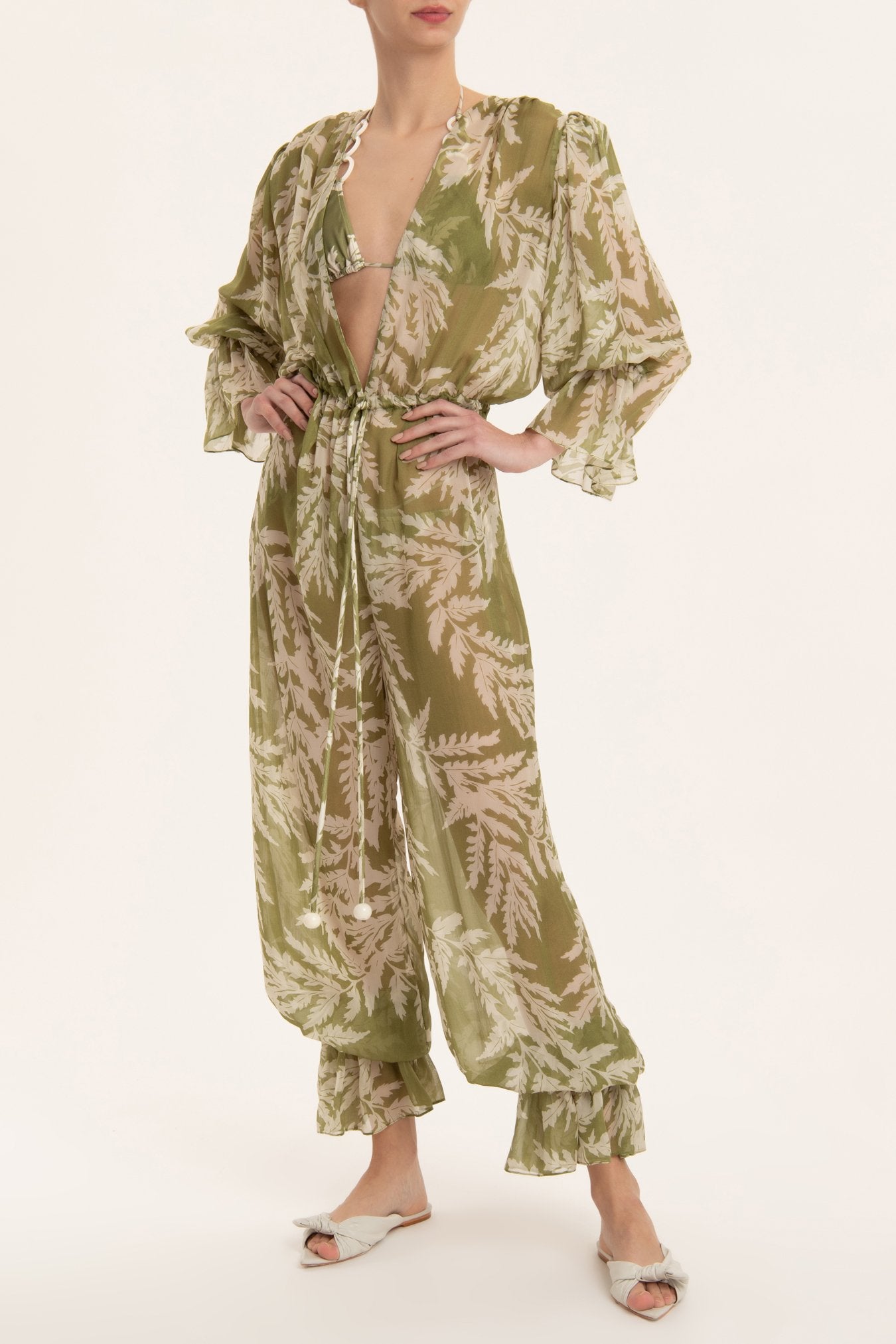 Classic Foliage V Neck Ruffled Jumpsuit Front