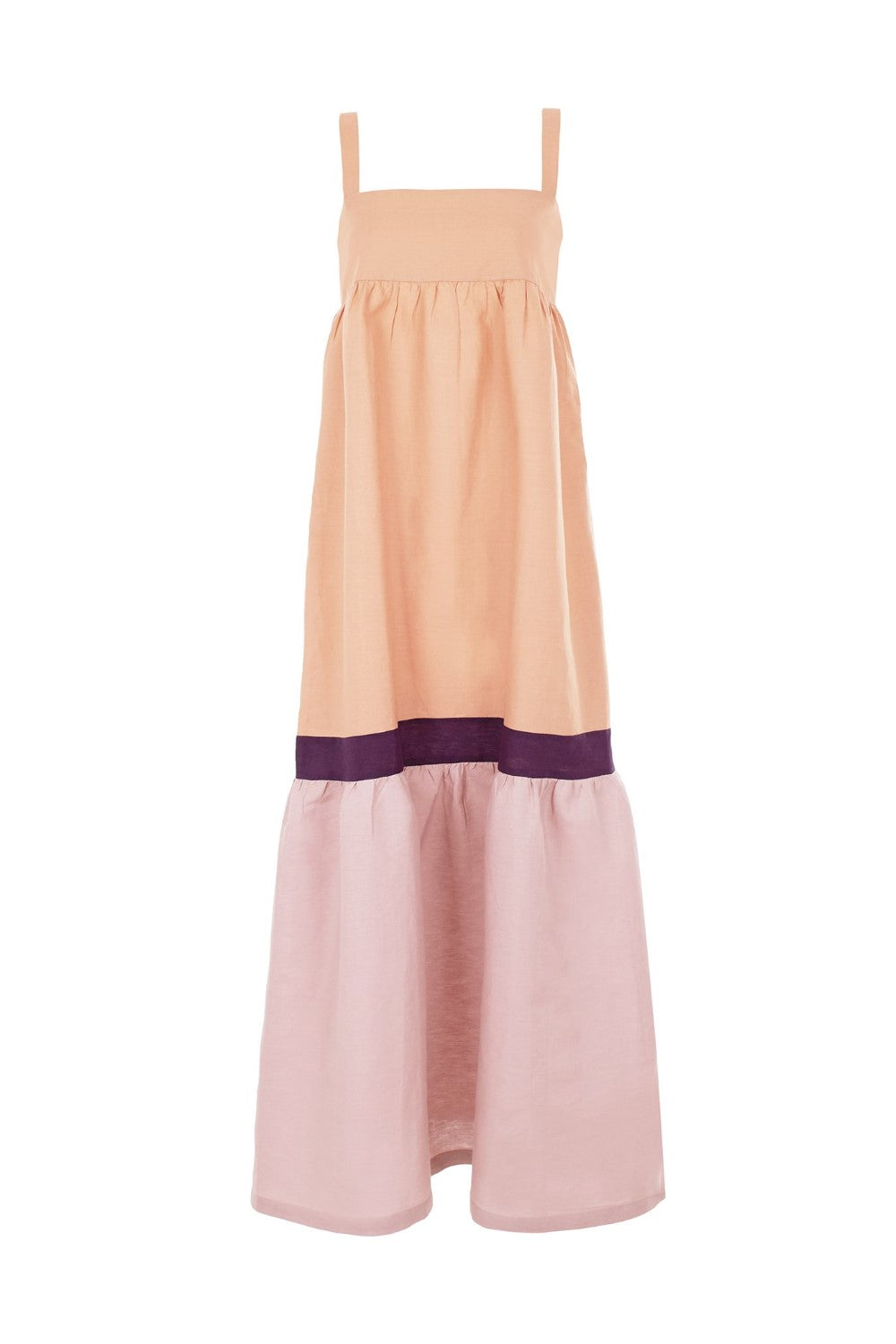 Think about easy-going pieces like this charming tricolor dress for your next vacation. It´s crafted from linen with a square neckline and wide straps