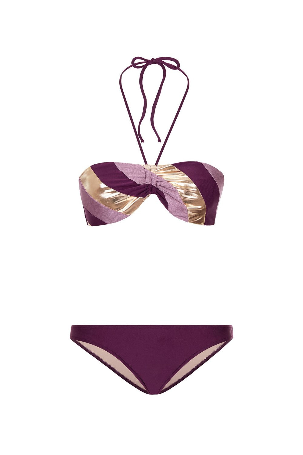his glamourous bikini is inspired by ´70s swimwear. Made from stretch fabric and metallic details, this top bandeau style is best suited for those with smaller busts